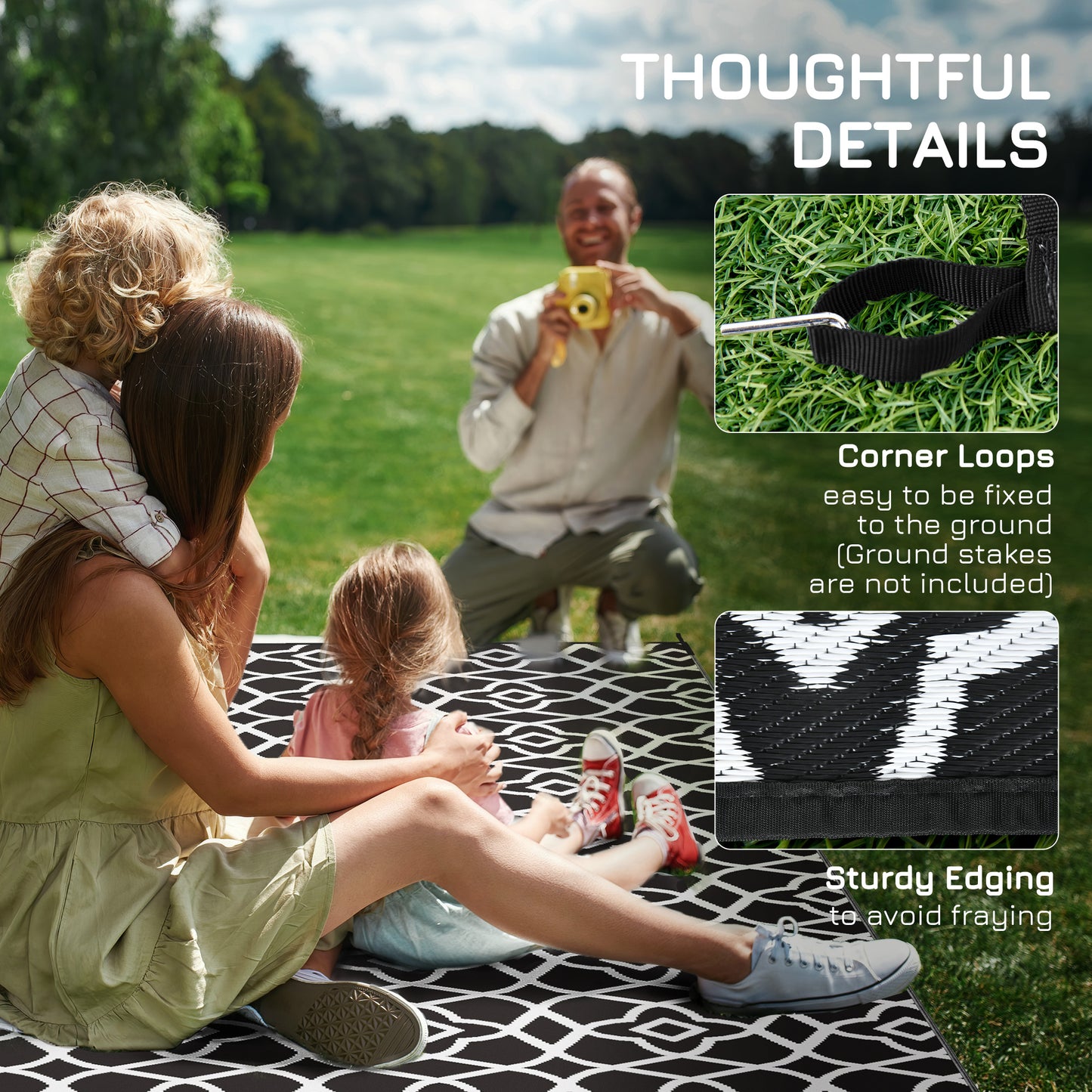 Reversible Outdoor Rug, Waterproof Plastic Straw RV Rug with Carry Bag, 9' x 18', Black and White Clover
