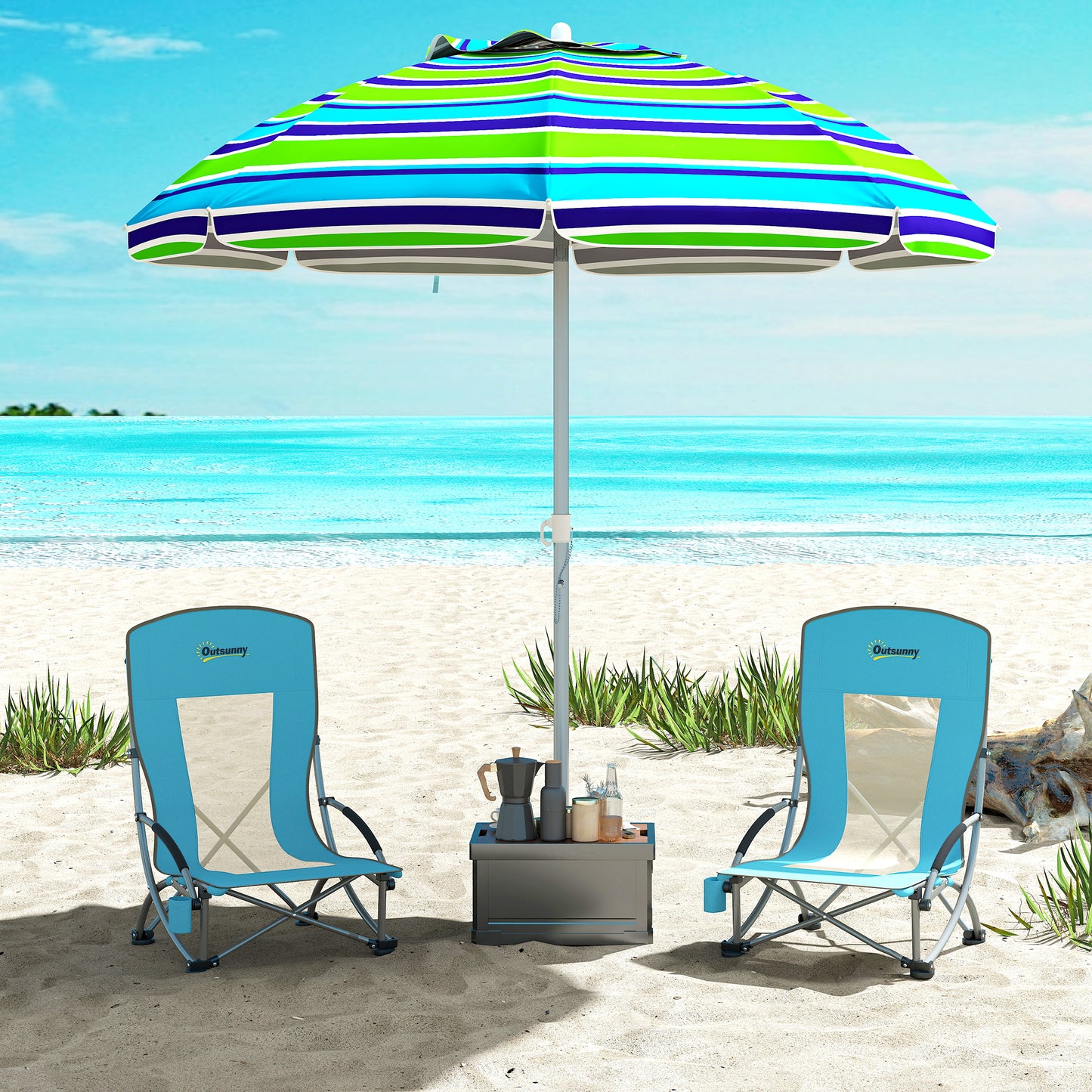 Set of 2 Folding Beach Chairs with Mesh Back, Carry Bag and Cup Holder for Outdoor Camping Lawn, 27.6" x 22.8" x 31.1"