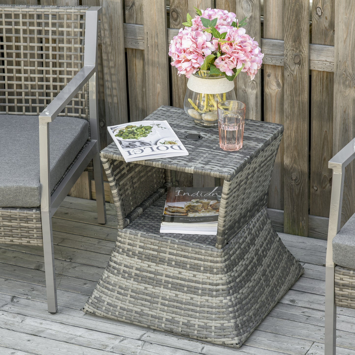 Rattan Wicker Side Table, 21.3" Square Outdoor End Table with Umbrella Hole 2-Tier Storage for Patio Garden Mixed Grey