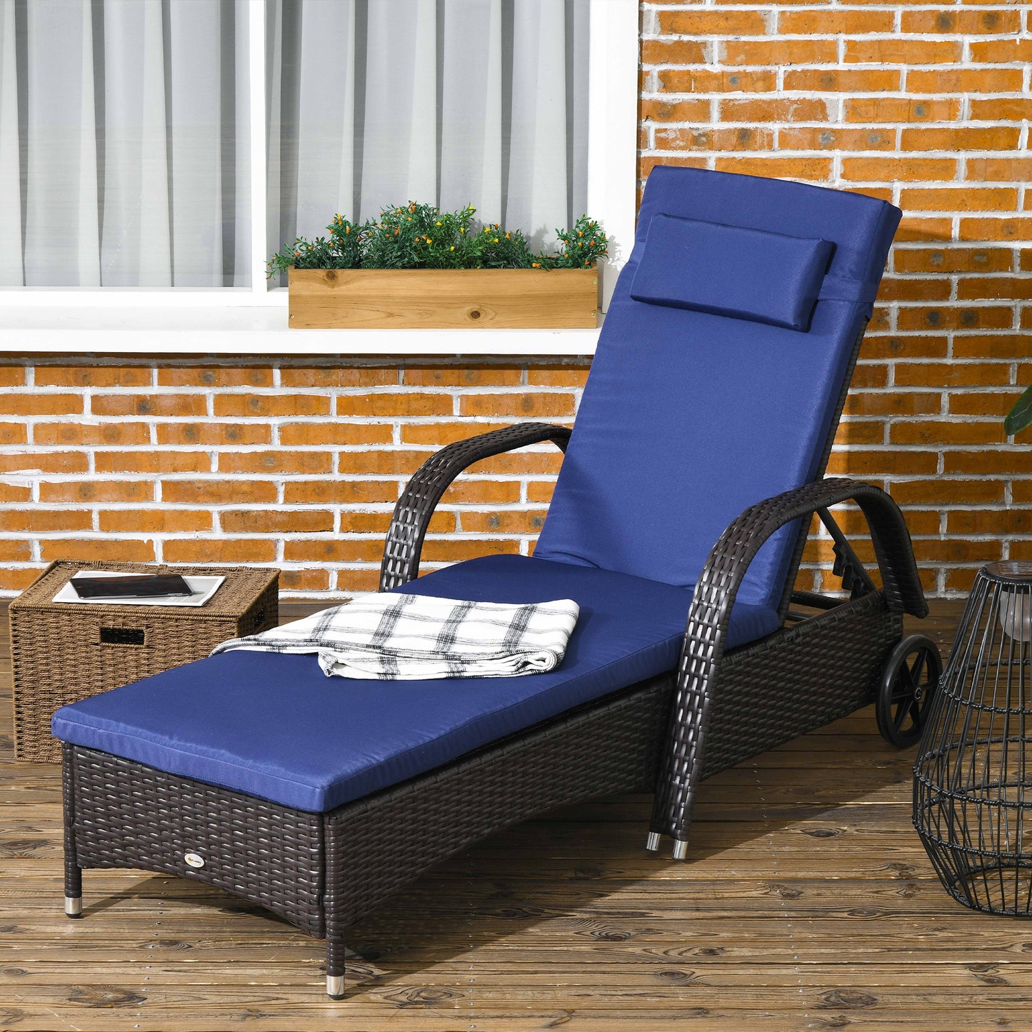 Outdoor Lounger, Deck Lounge Chair with Headrest, 5-Level Adjustable, Backrest, Wheels, Deep Coffee and Navy Blue