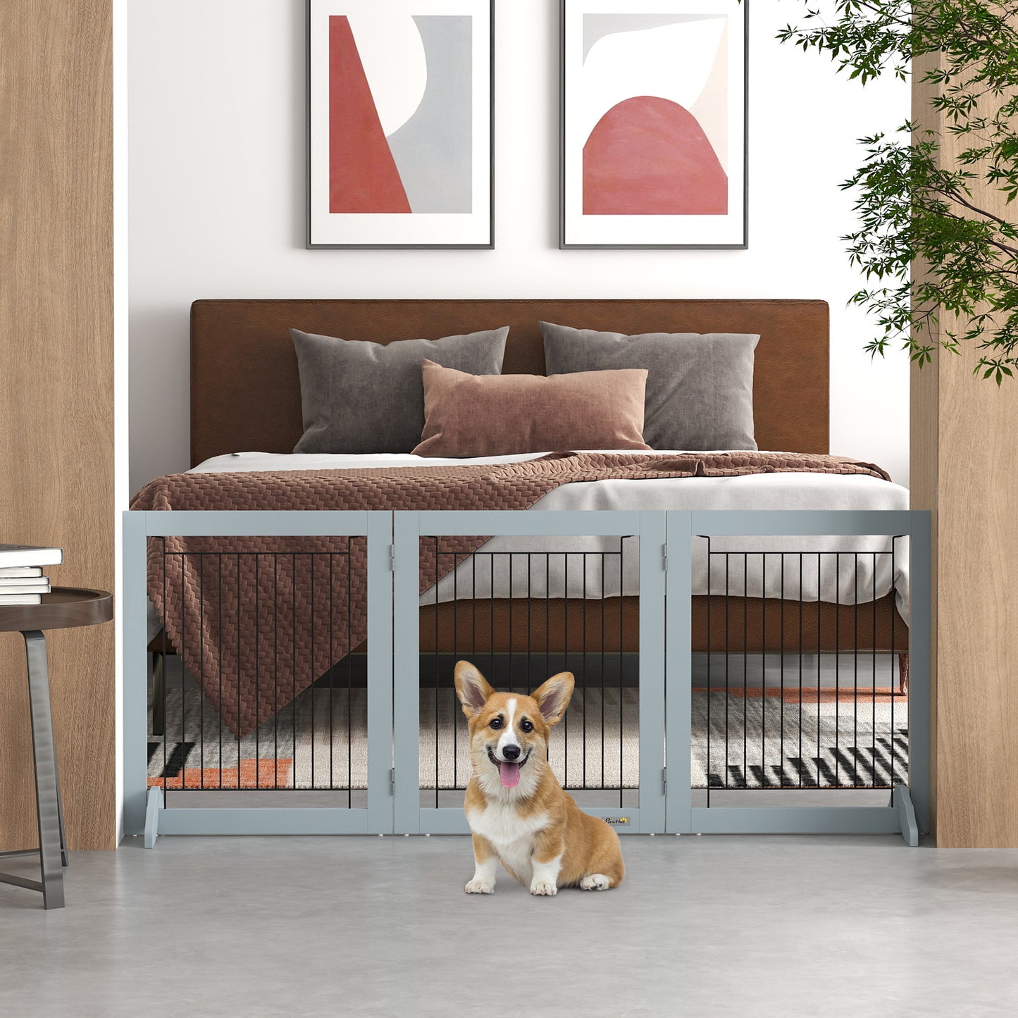 Freestanding Pet Gate, Folding Dog Gate with 2 Support Feet, 24" High, 3 Panels, for Small Dogs, Indoor Use - Grey