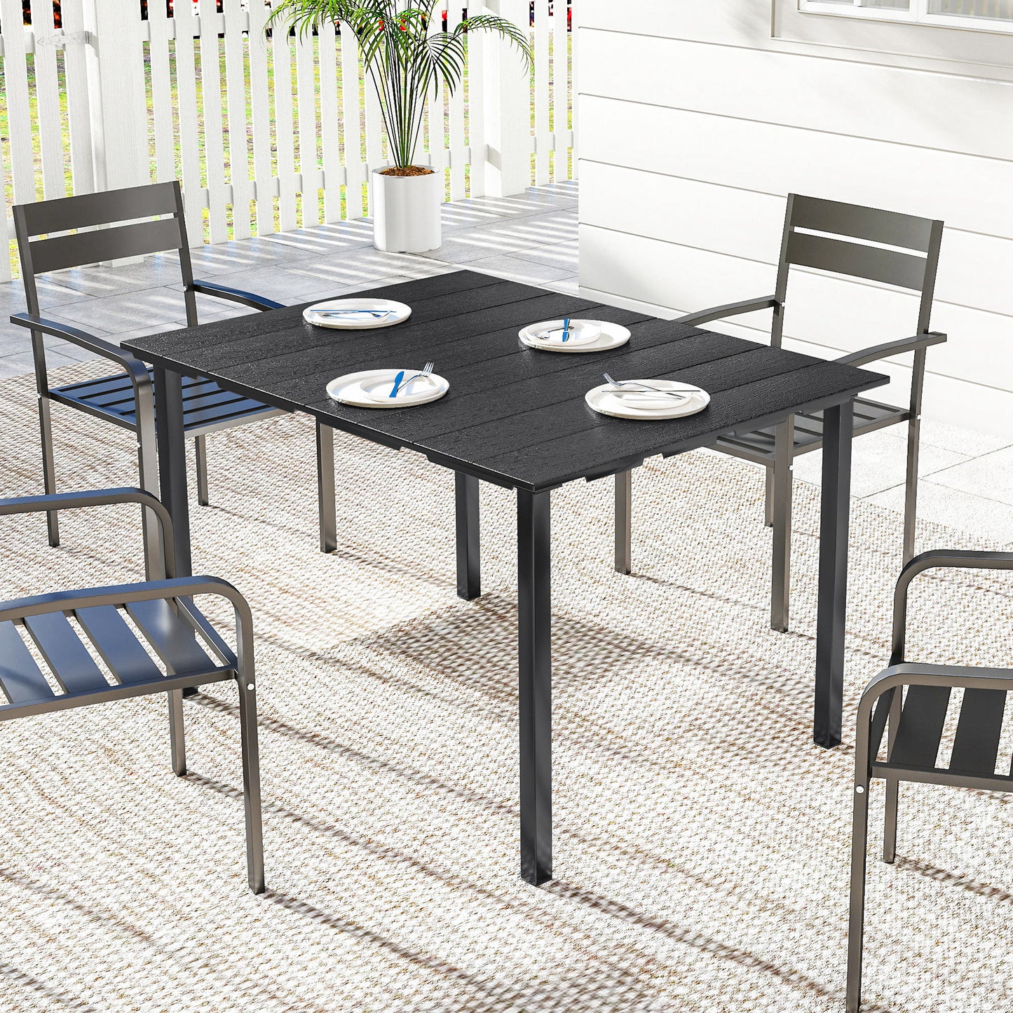 Outdoor Dining Table for 4 People, Rectangular Patio Table with HDPE Top and Metal Frame, for Garden, Backyard, Deck
