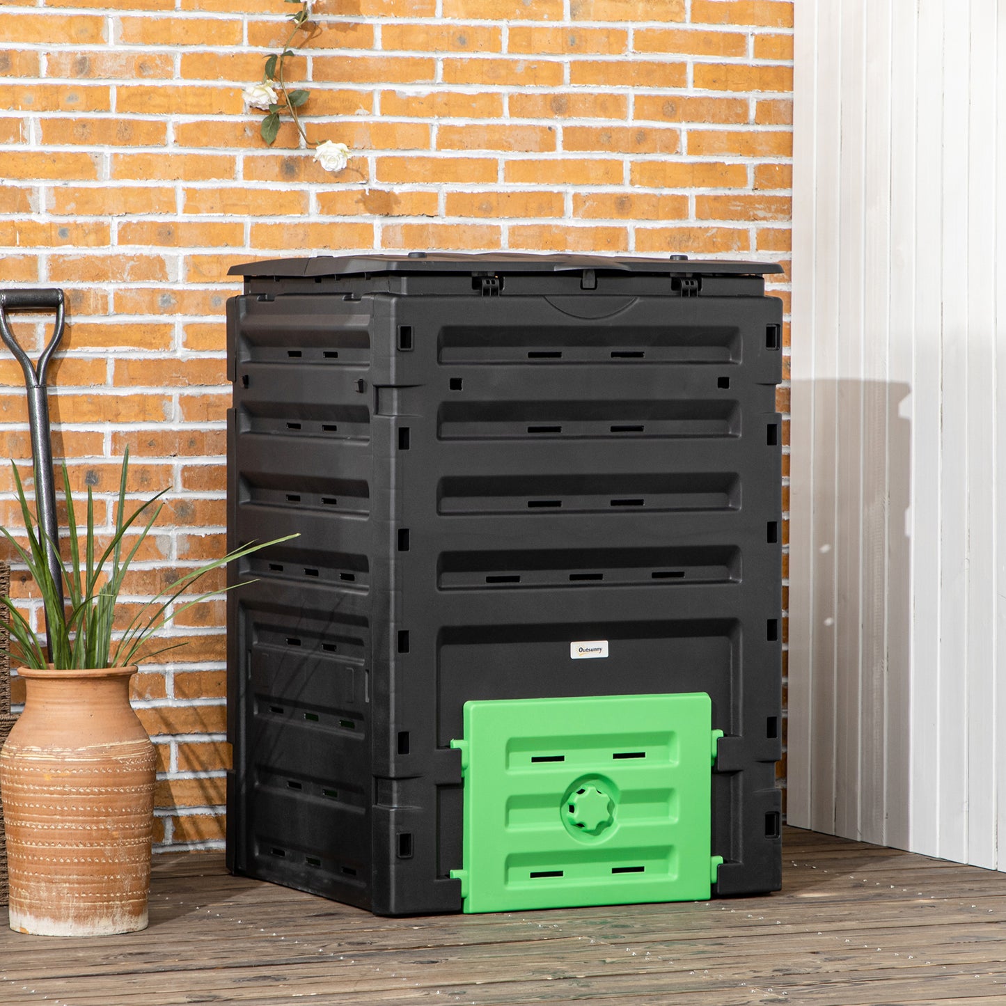 Compost Bin, Garden Composter with 80 Vents and 2 Sliding Doors, 120 Gallon (450L), Black