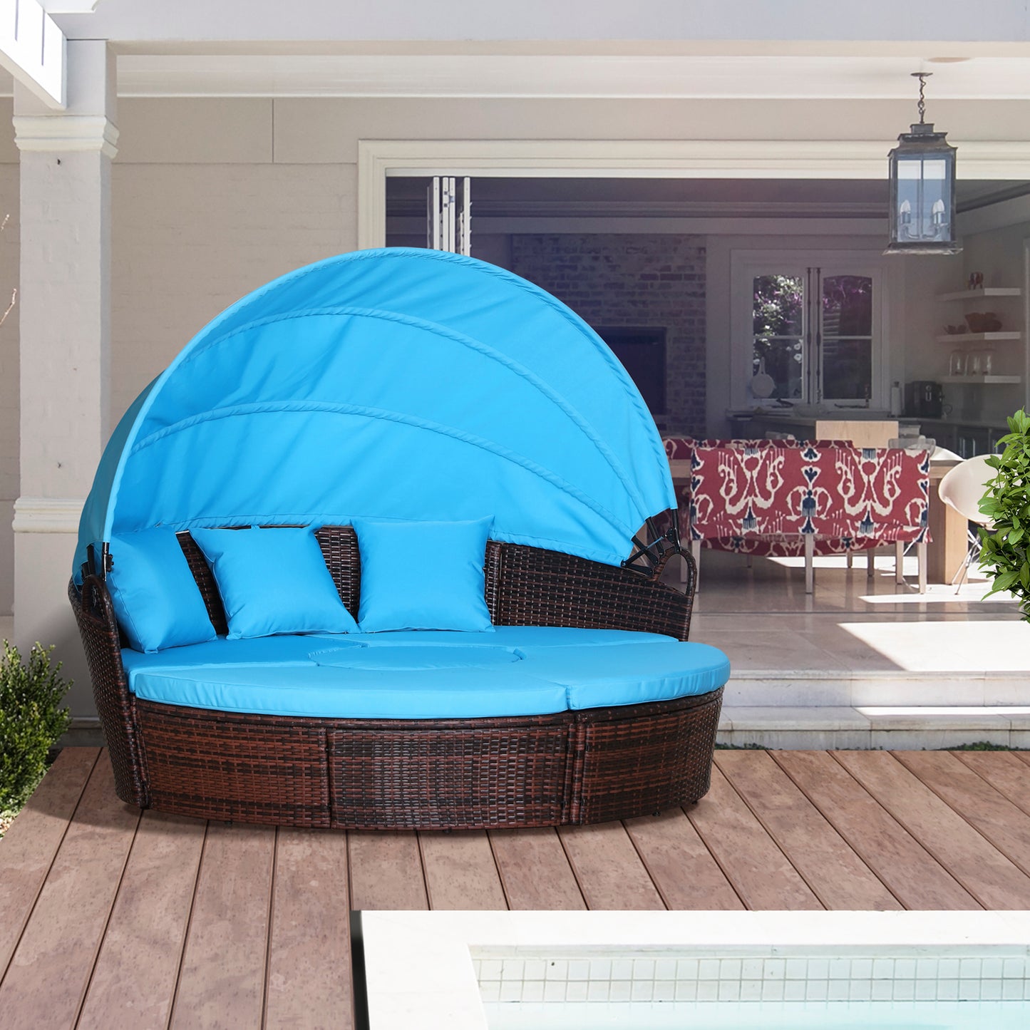 4 Pieces Outdoor Daybed with Retractable Canopy, PE Rattan Wicker Round Sofa Day Bed, Patio Sectional Conversation Furniture Set with Cushions and Pillows, Light Blue