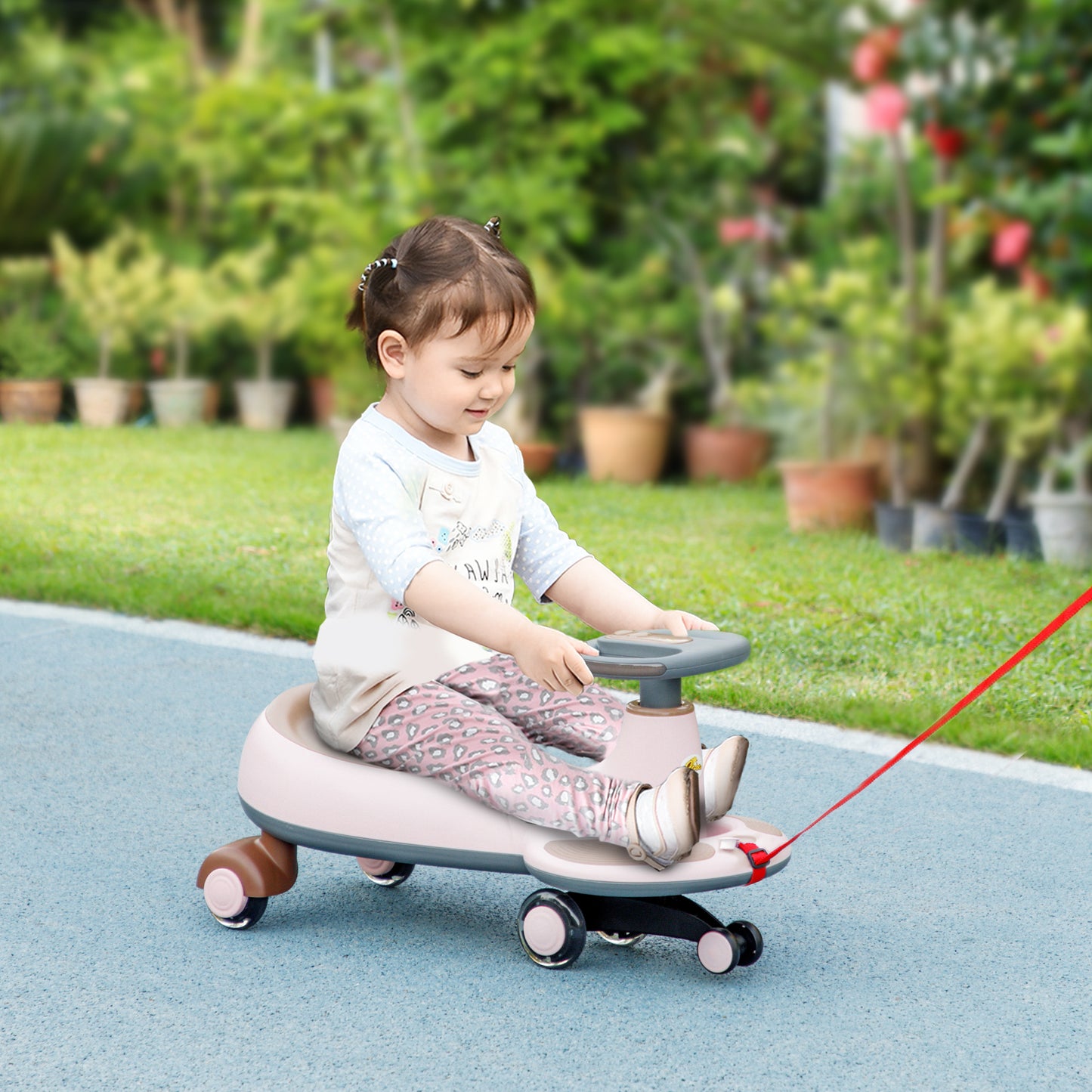 Qaba Kids Wiggle Car w/ Parent Traction Rope, Music, Light, Pink