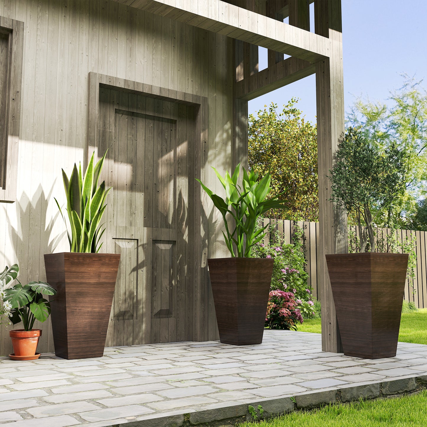 Tall Planter for Outdoor Plants Set of 3, 28 Inch Taper Planter with Drainage Holes, Brown
