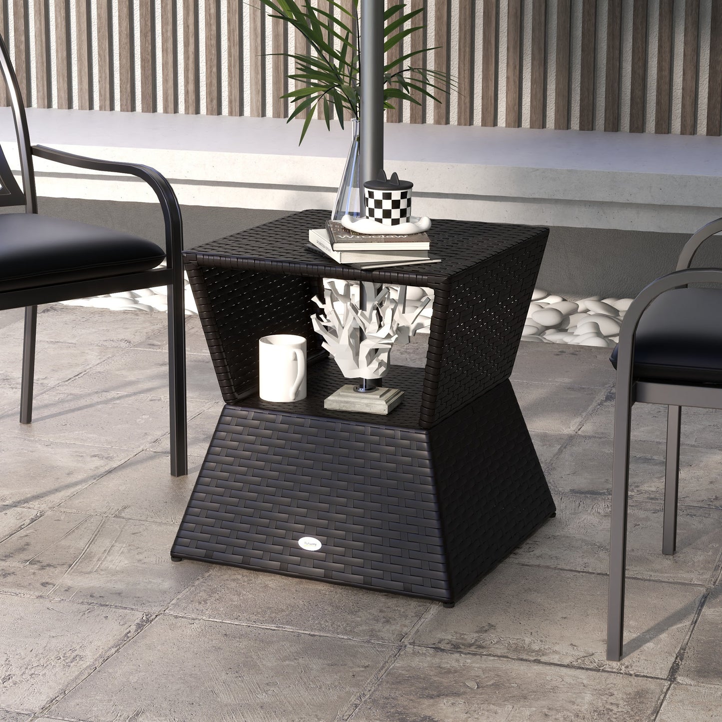 Outdoor Patio Rattan Wicker Coffee Table Garden End Tea Table Bistro Side Table w/ Umbrella Hole, Dark Coffee