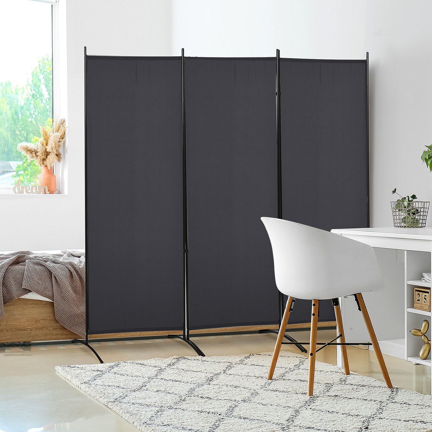 6' 3 Panel Room Divider, Double Hinged Folding Wall Divider, Indoor Privacy Screen for Home Office, Charcoal Grey