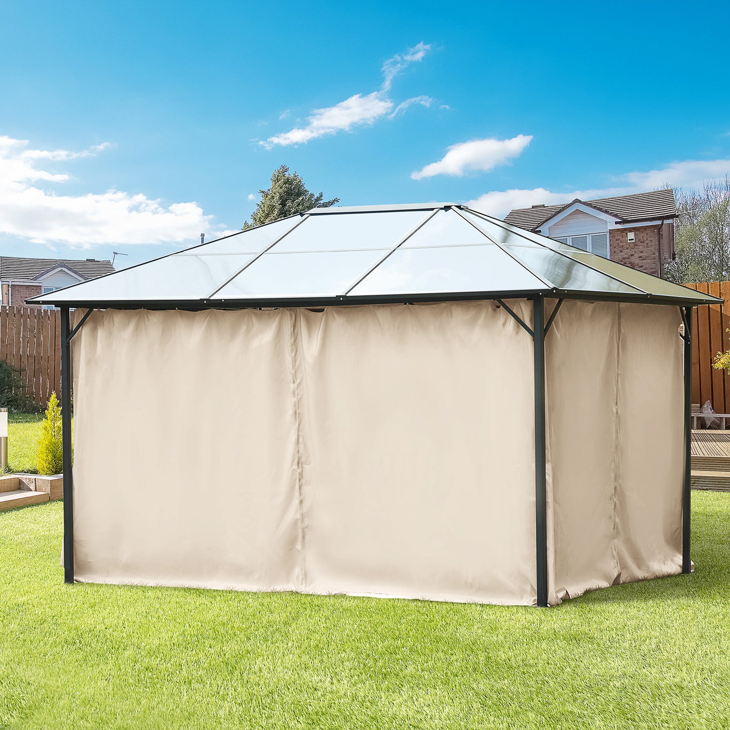 Gazebo Curtains, 10' x 13' Universal Replacement Privacy Curtain, 4-Panels Sidewall with Hooks/C-Rings, Beige