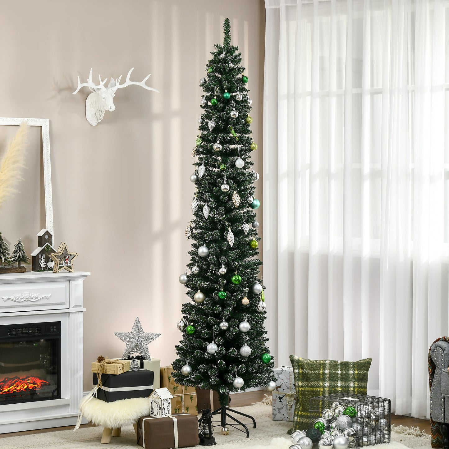 7.5FT Artificial Snow Dipped Christmas Tree Xmas Pencil Tree Holiday Home Indoor Decoration with Foldable Black Stand, Green