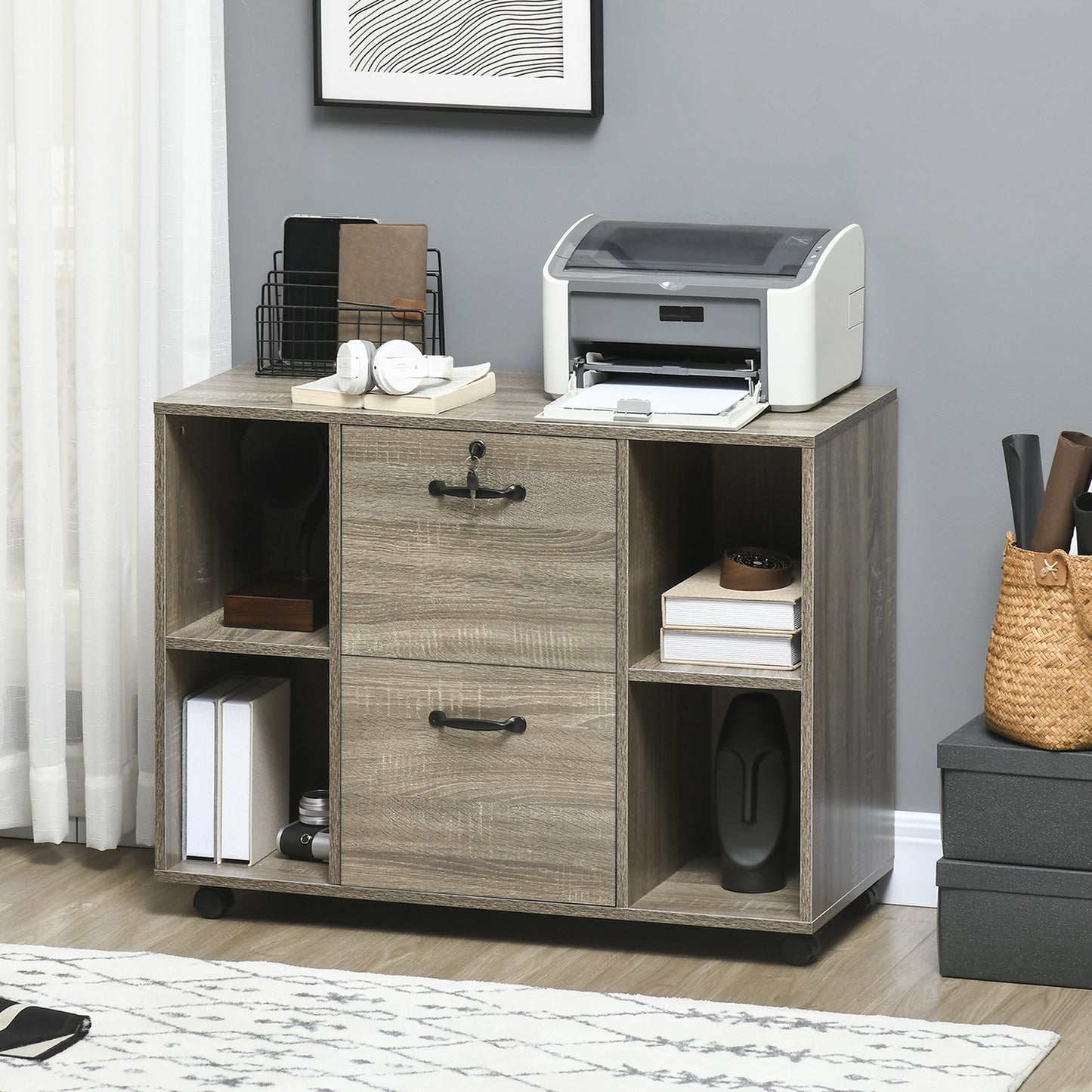 Lateral Filing Cabinet with Wheels and Lockable Drawer, File Cabinet, Mobile Printer Stand with Open Shelves for Letter and A4 Size Documents for Home Office, Grey