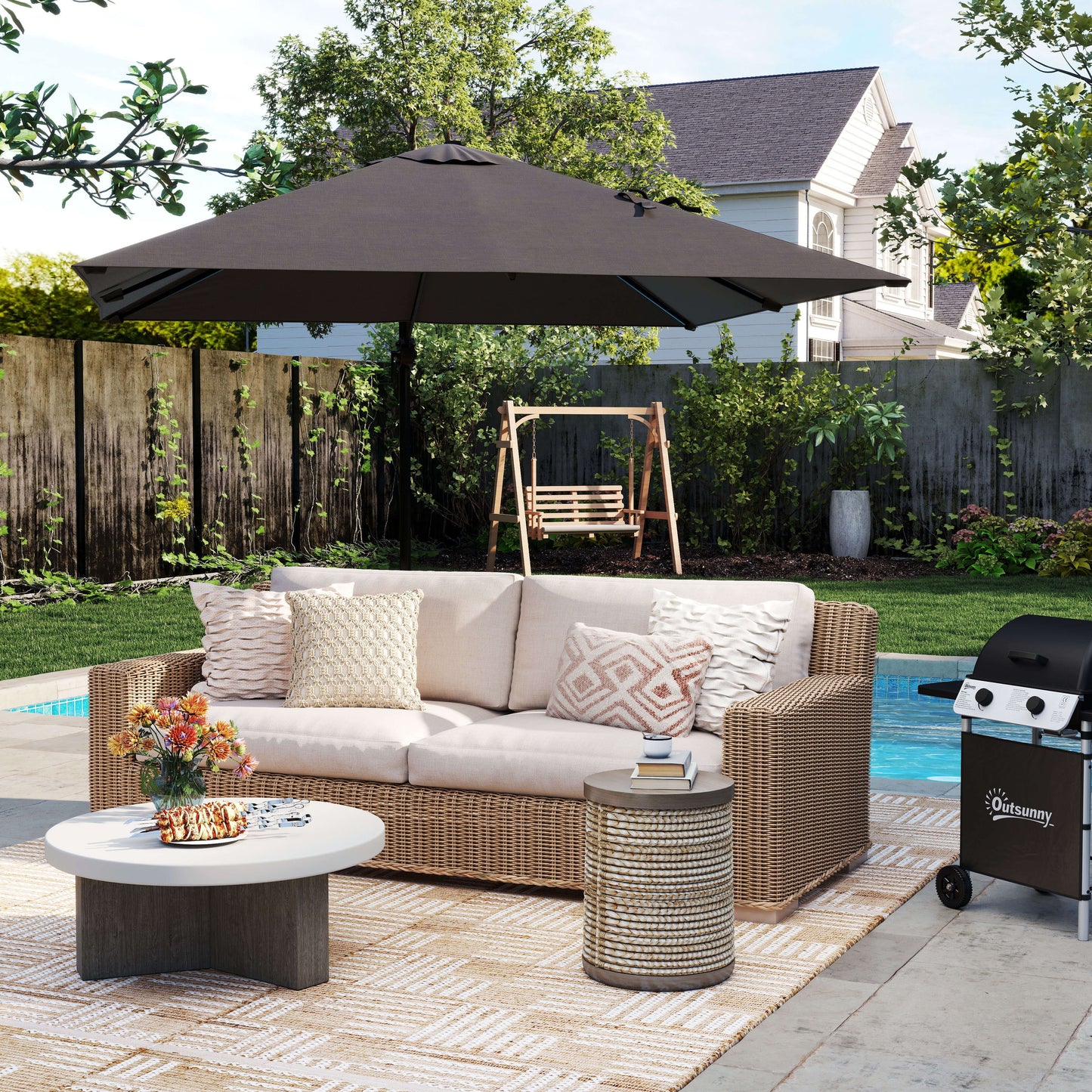 8' x 8' Square Patio Hanging Offset Umbrella with 360° Rotation, Aluminum Outdoor Cantilever Parasol with Crank & Tilt, Sun Canopy Shelter with Cross Base, Grey