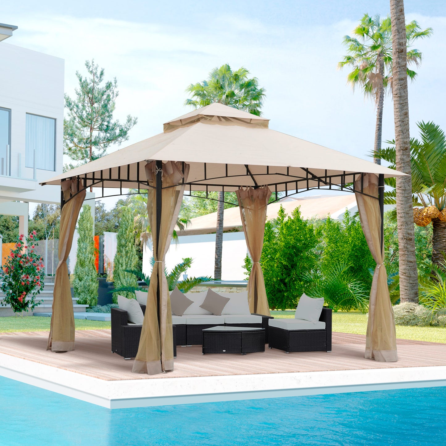 10' x 10' Double Tier Garden Gazebo Canopy Outdoor Sunshade Tent Water-Resistant Anti-UV Roof with Metal Frame and Mesh Sidewalls, Beige