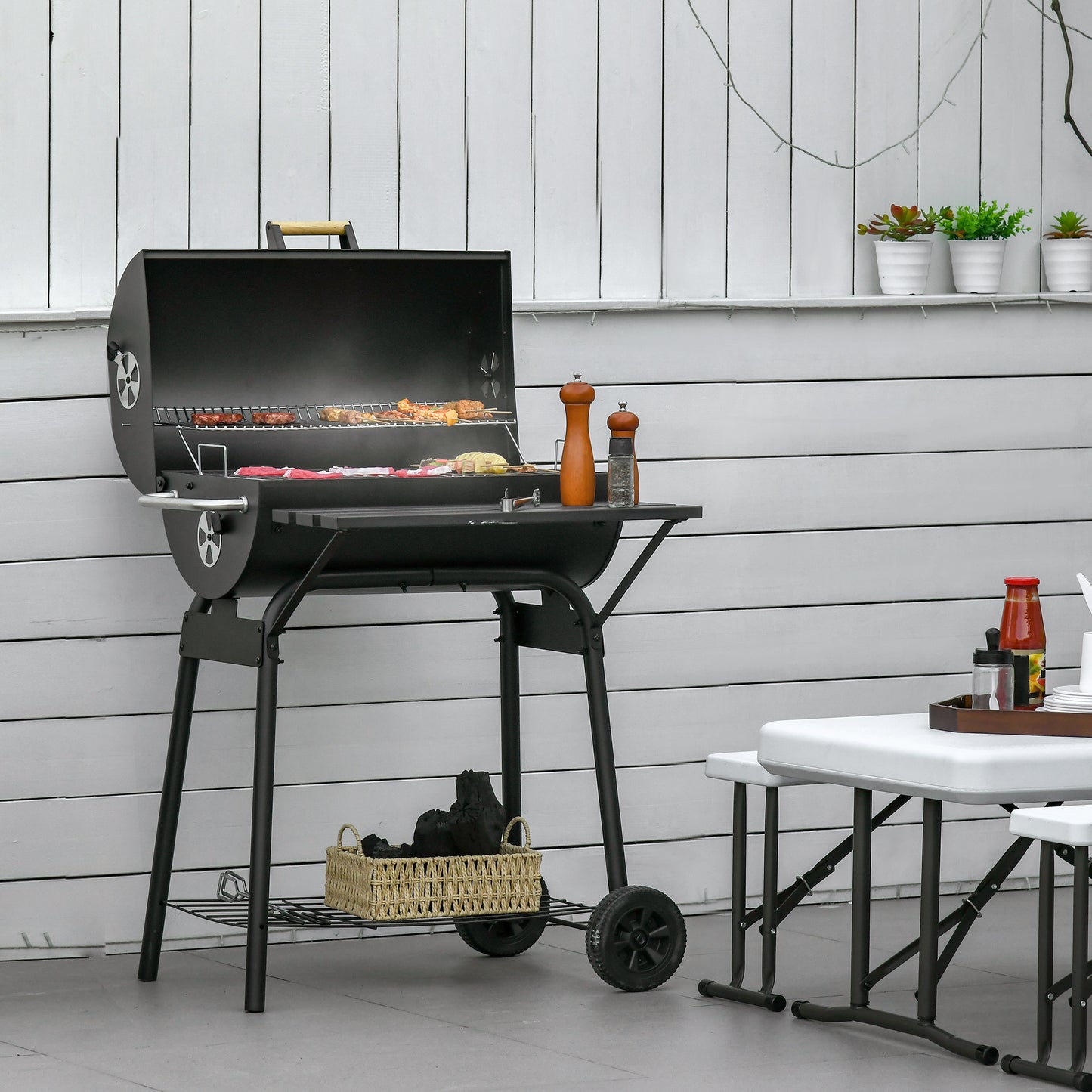 30" Charcoal Barbecue Grill with Wheels Outdoor Barbecue with Adjustable Charcoal Rack, Storage Shelf, Wheel, for Garden Camping Picnic