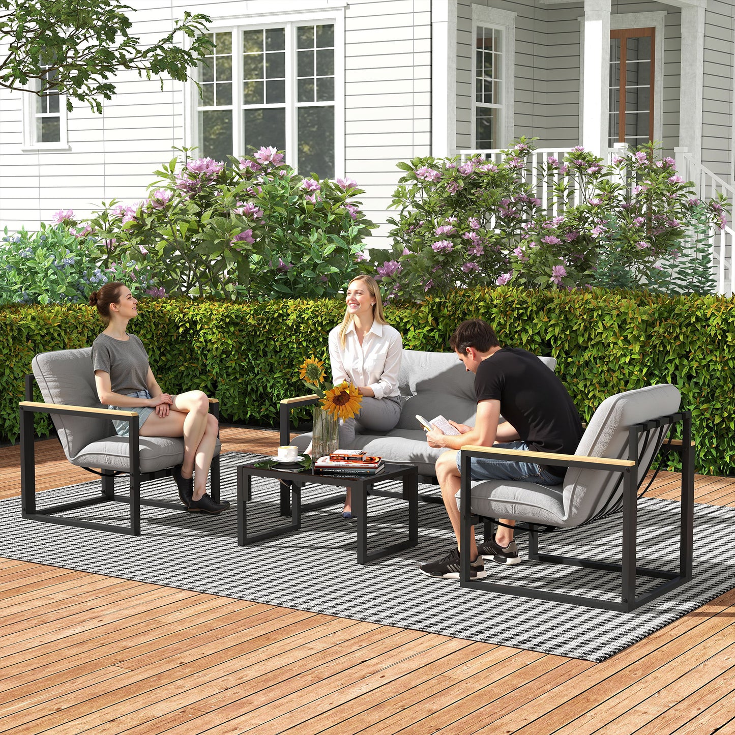 4 Piece Patio Furniture Set, Outdoor Loveseat Sofa Set with Thick Cushions and Coffee Table, Light Grey