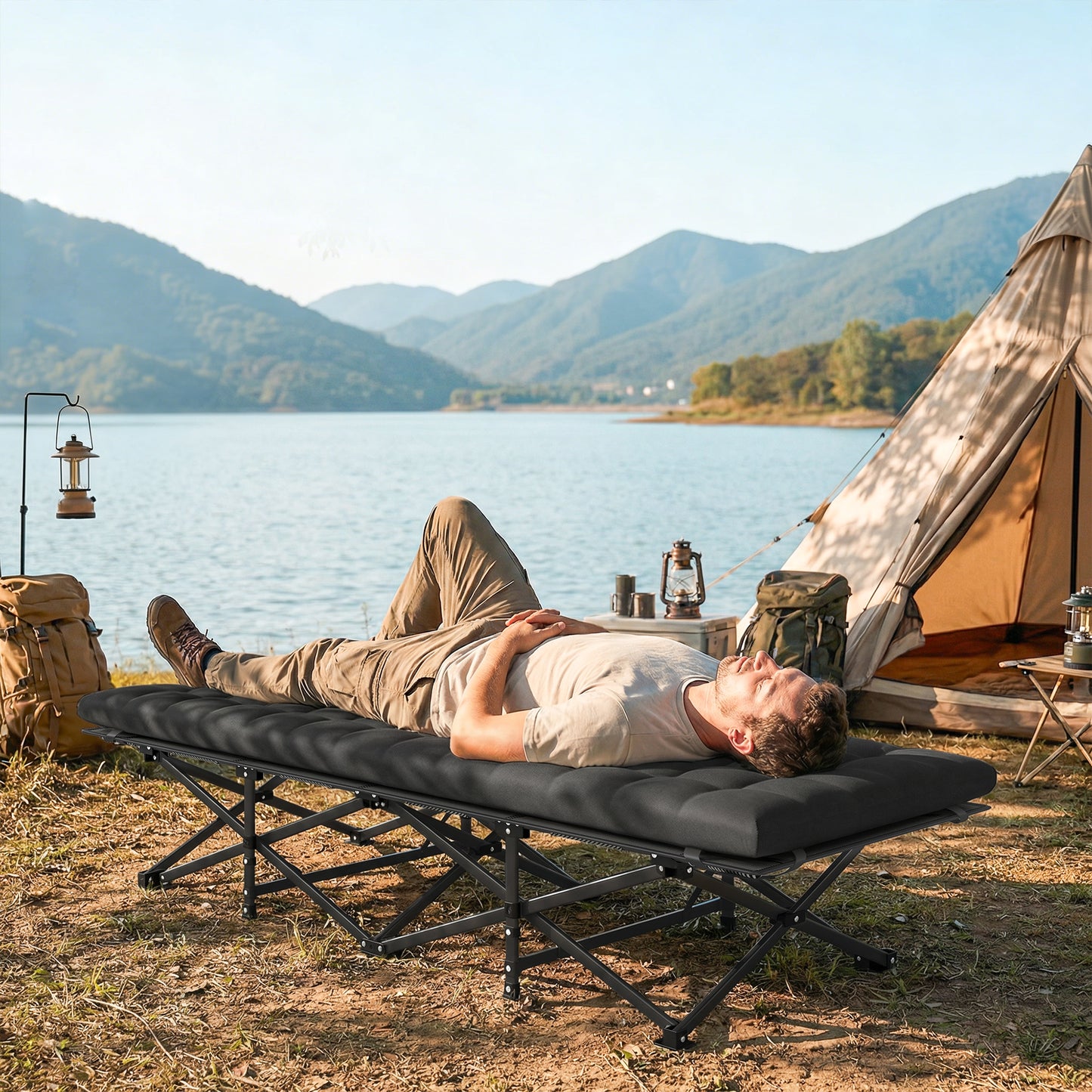 Camping Cot with Soft Pad, 32" Extra Wide Folding Cots with Non-Slip Feet and Carry Bag, Black