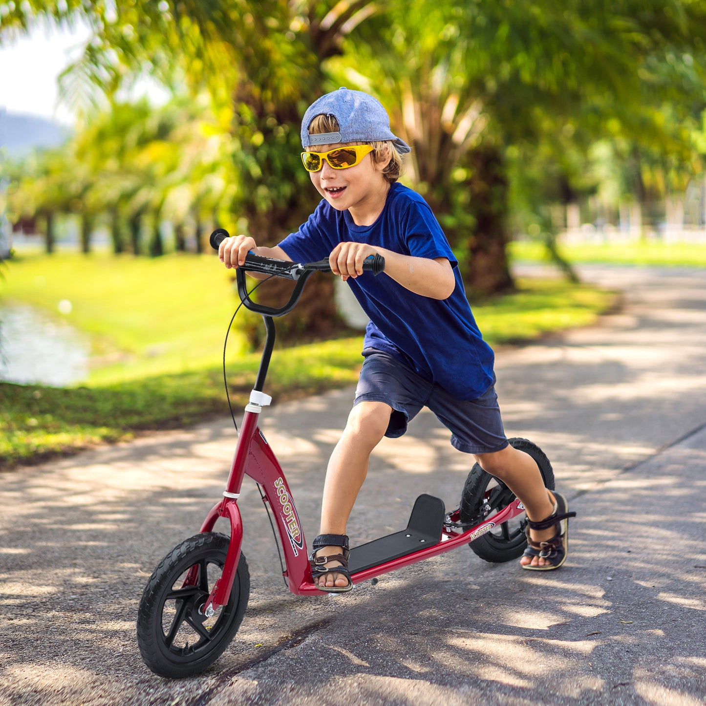 Kids Scooter with 12" EVA Big Tires, Street Bike Bicycle for Teens with Adjustable Height Handle for 5-12 Year Old, Red