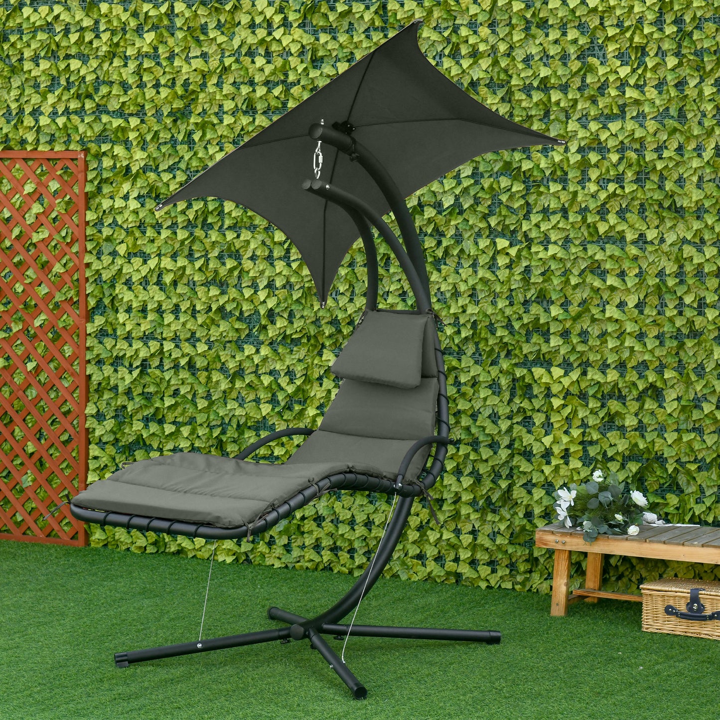 Outdoor Hammock Chair with Stand, Floating Chaise Lounge Chair with Soft Padded Cushion, Hanging Hammock Swing Reclining Seat with Canopy Umbrella, Charcoal Grey