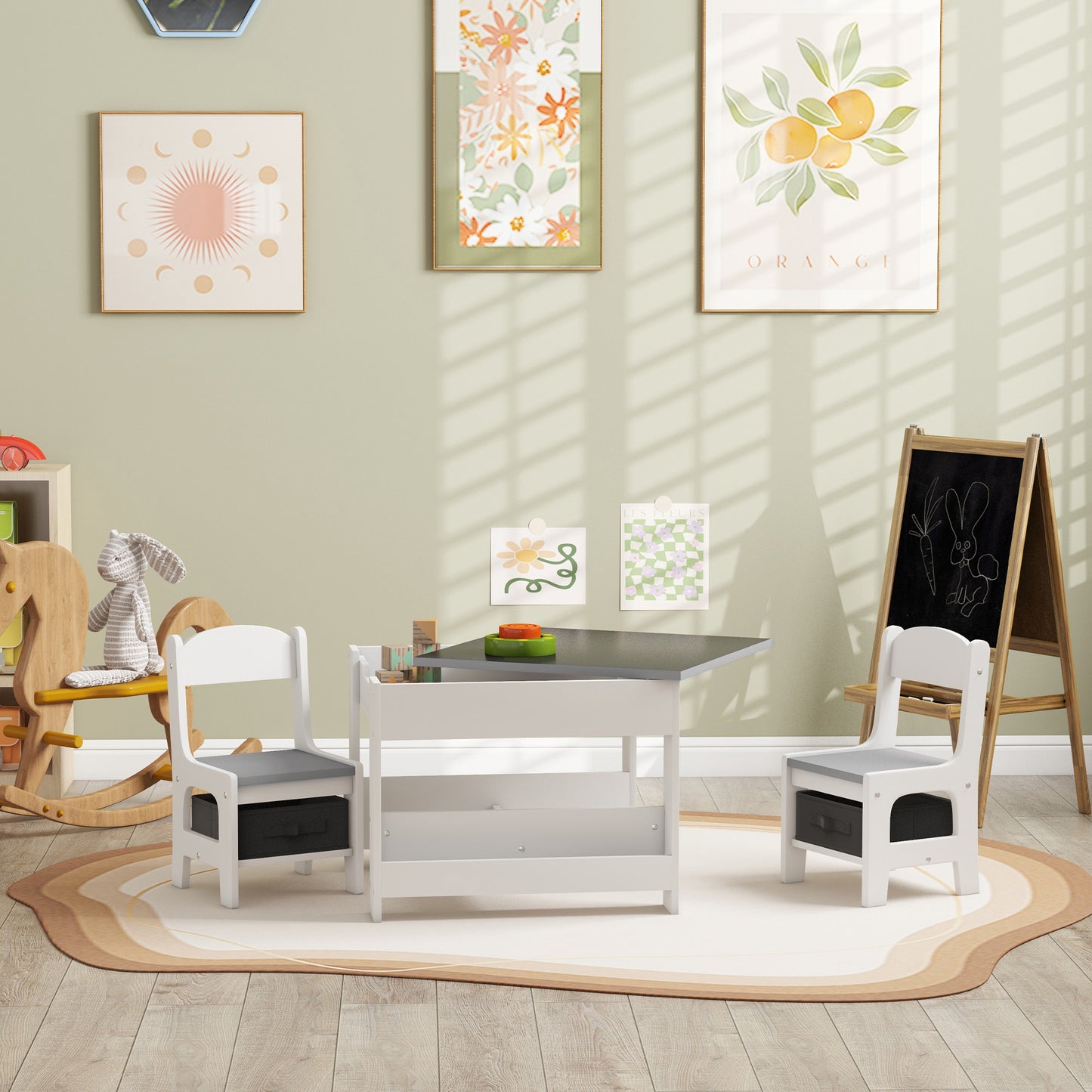Qaba 3 Piece Kids Table and Chair Set with Reversible Tabletop, Blackboard, Storage, Bookshelf, for Playroom, Nursery, Grey