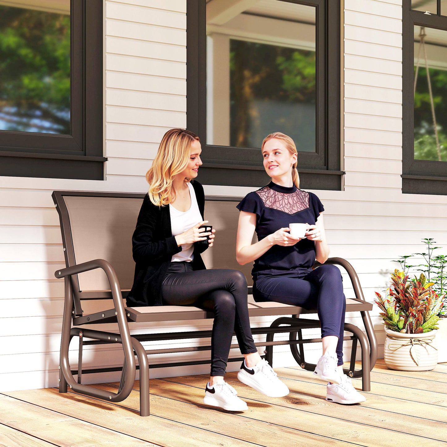 Outdoor Glider Bench, 2 Person Patio Glider Chair, Gliding Outdoor Garden Loveseat Swing Bench with Breathable Mesh Fabric, Steel Frame for Backyard, Porch, Coffee Brown