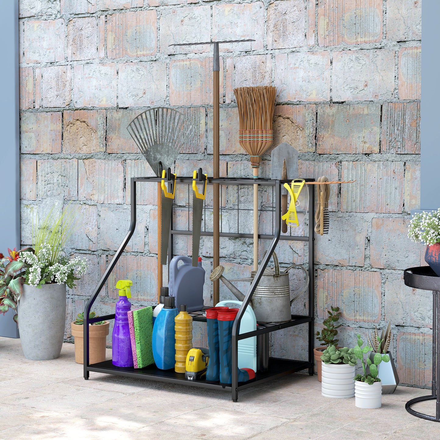 3-Tier Yard Tool Tower Rack, Garden Tool Organizer with Hooks for Long-Handled Rakes, Shovel, Broom, Orange