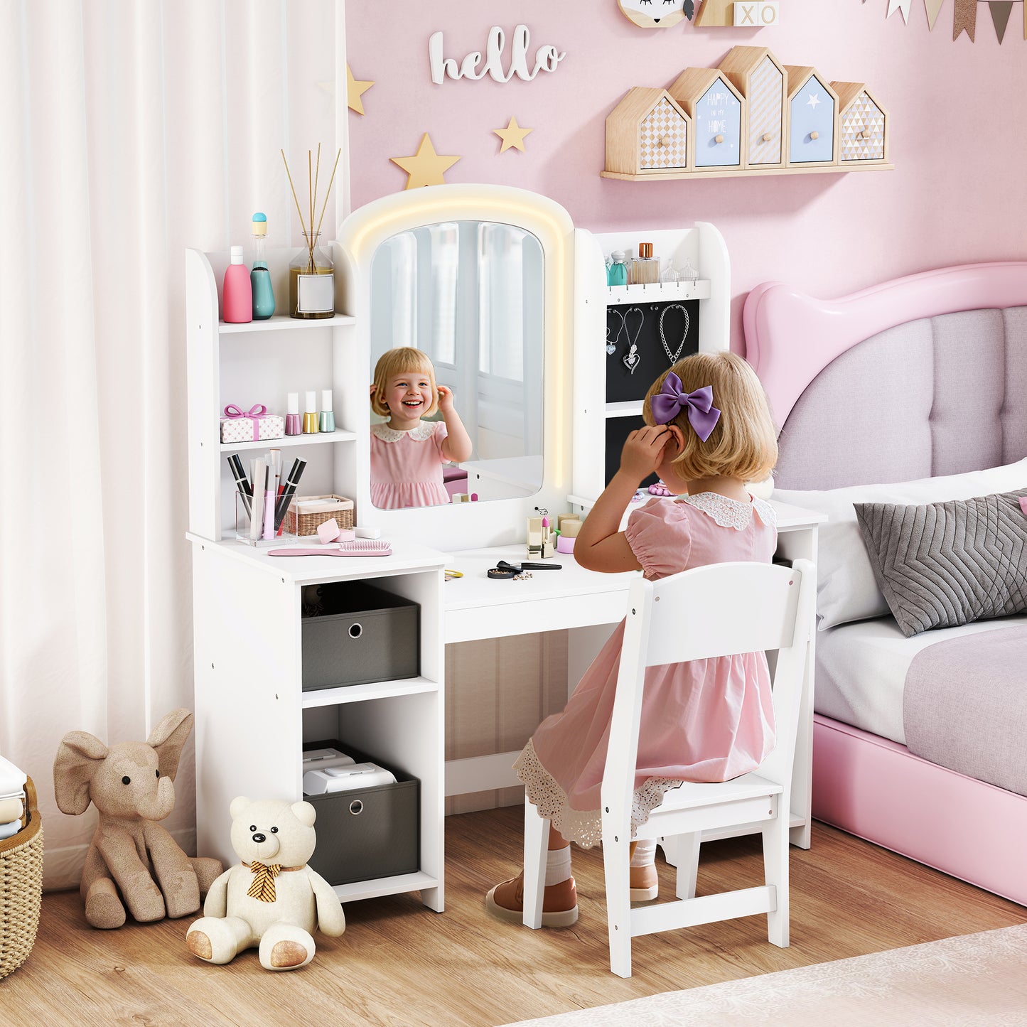 Qaba Kids Vanity Table and Chair, Toddler Dressing Table and Chair Set with Lighted Mirror for Little Girls, White