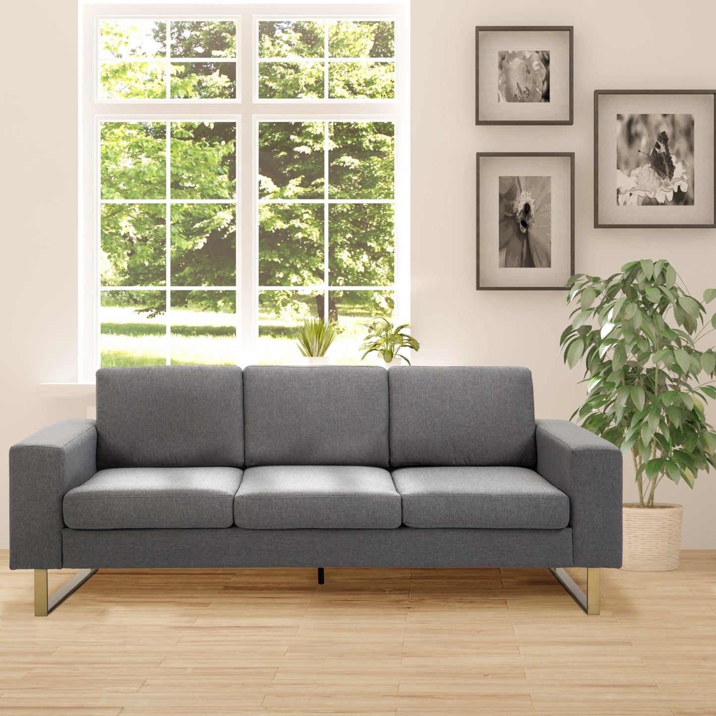 3 Seater Sofa, Linen Upholstered Cozy Padded Couch with Steel Leg, Backrest and Wide Armrest, for Living room, Bedroom, Dark Grey