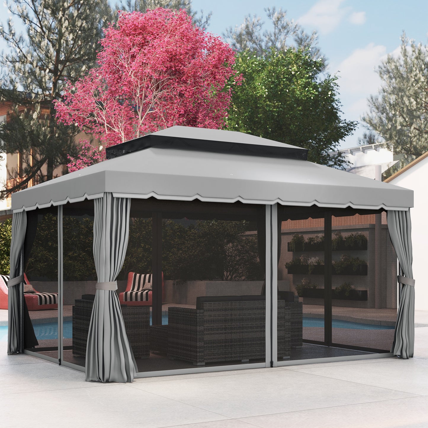 13' x 10' Patio Gazebo Canopy with 2-Tier Polyester Roof, Vented Mesh Sidewall & Strong Aluminum Frame, Medium Grey