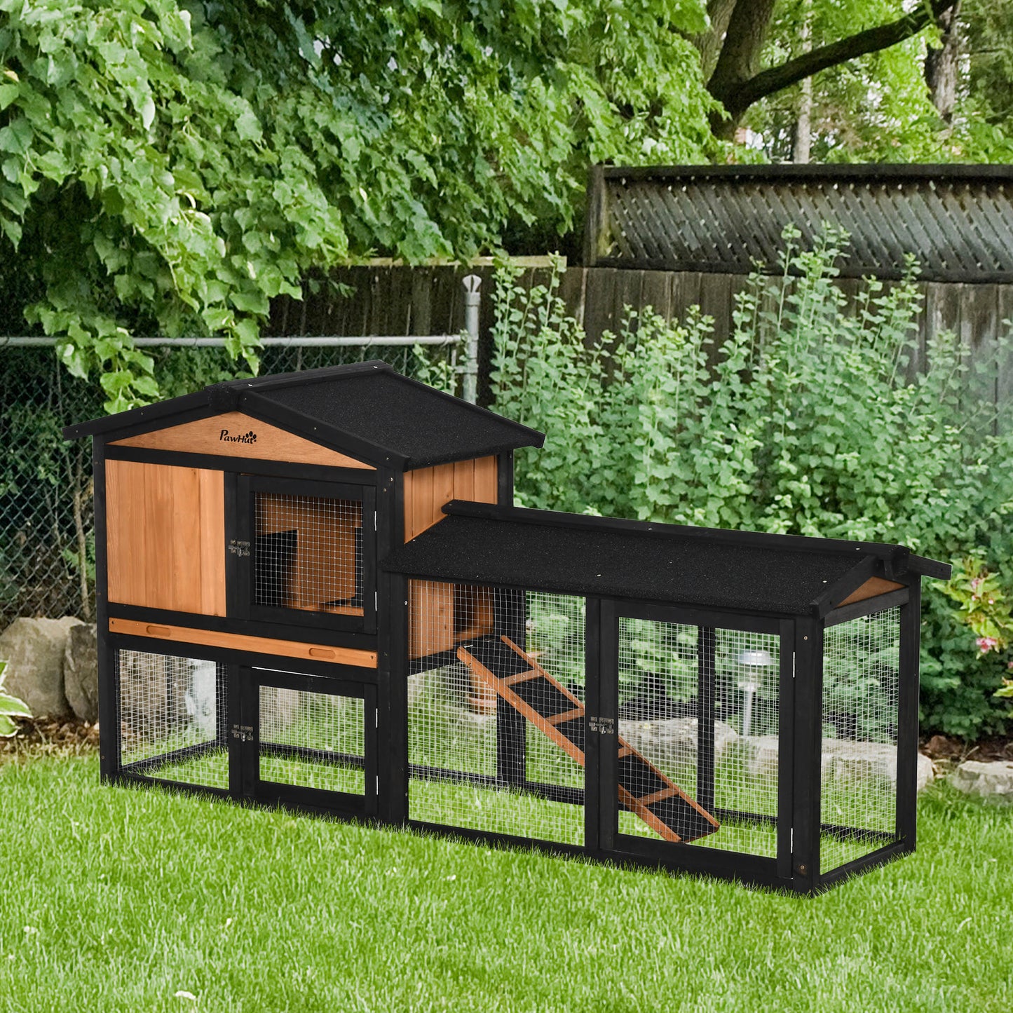 69" Wooden Rabbit Hutch Pet Playpen Bunny House Enclosure with Run Box, Slide-out Tray, Ramp, for Rabbits and Small Animals, Black