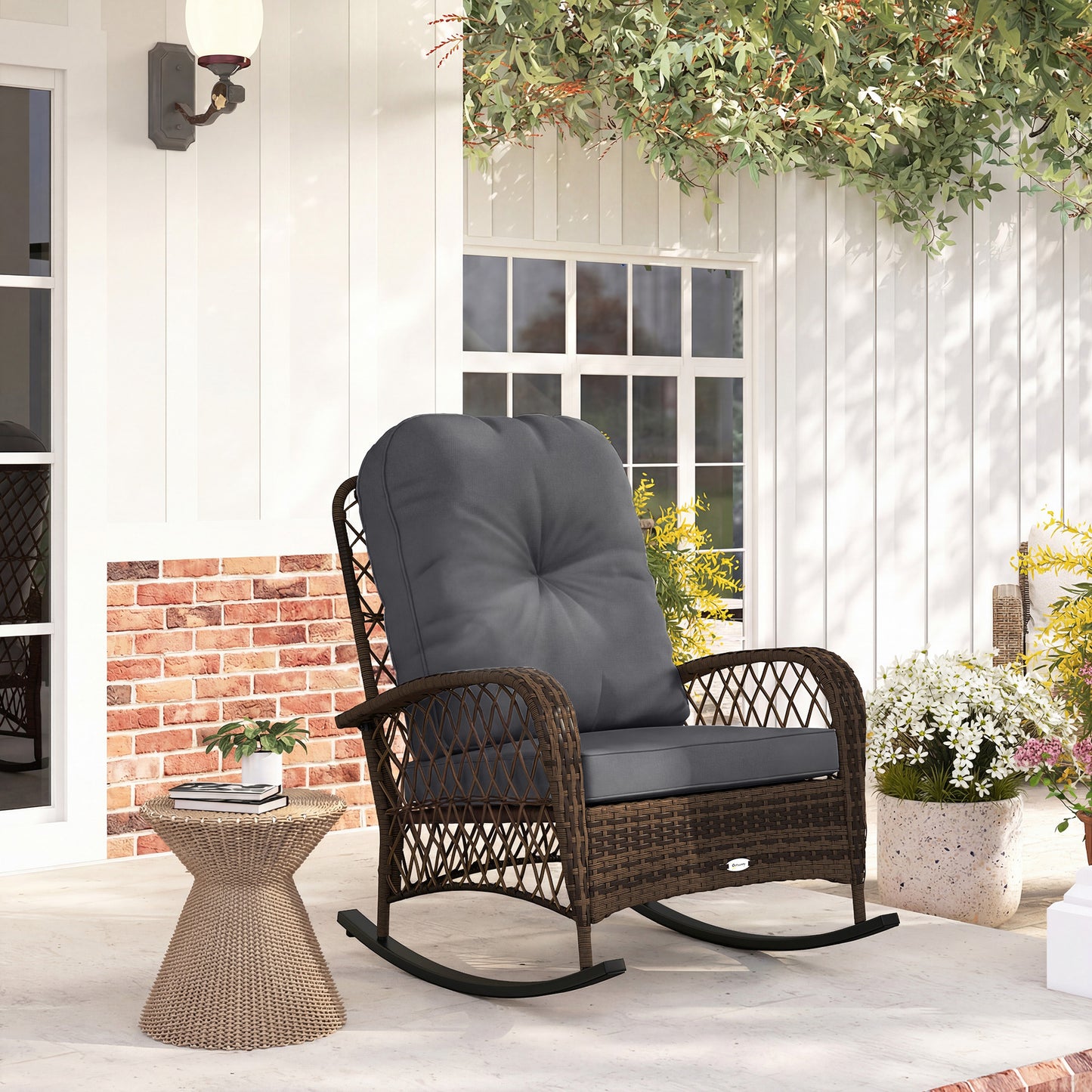 Outdoor Wicker Rattan Rocking Chair Patio Rocker with Thick Cushions for Garden Backyard Porch, Black
