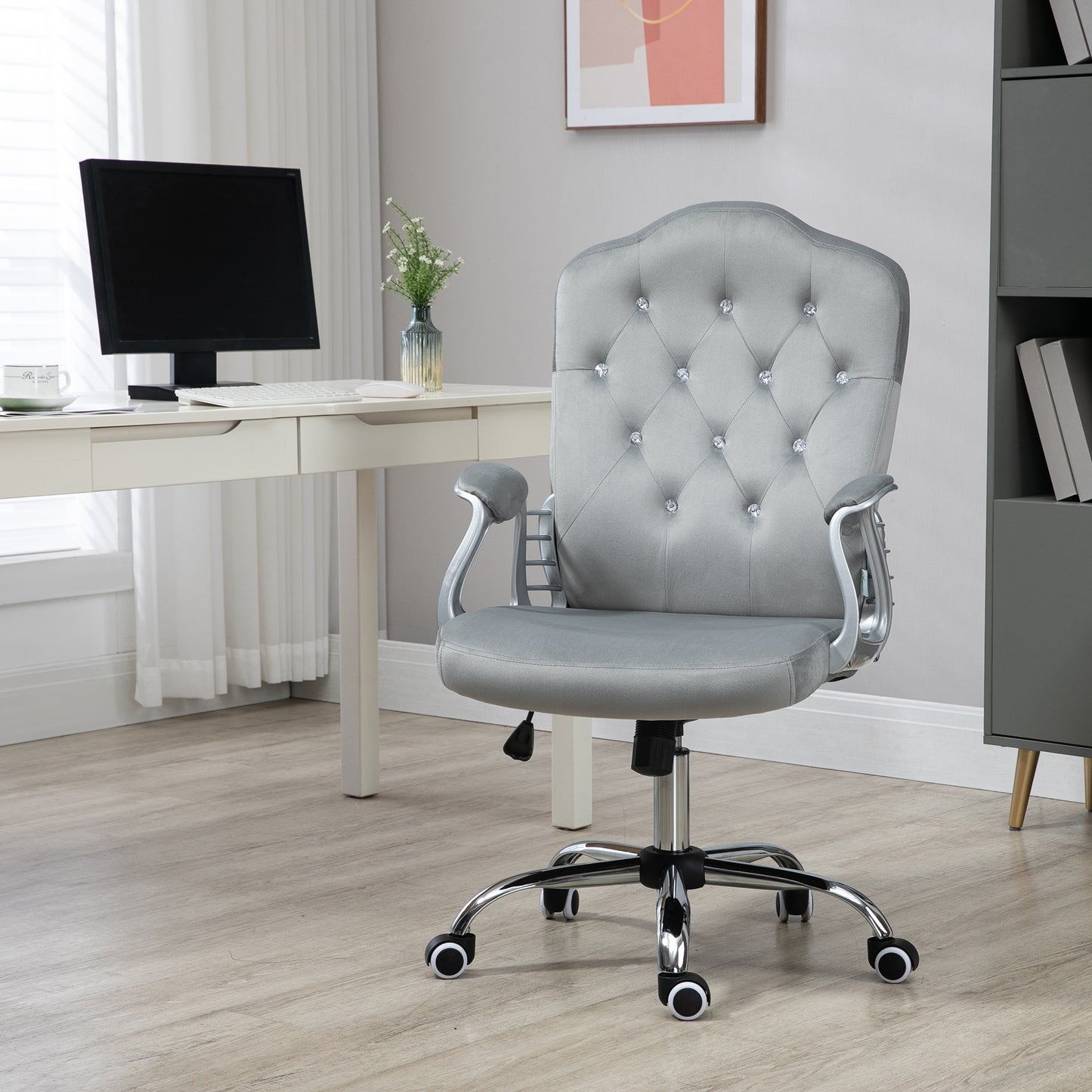 Office Chair, Velvet Computer Desk Chair with Swivel Wheels, Adjustable Height, Tilt Function, Button Tufted, Grey