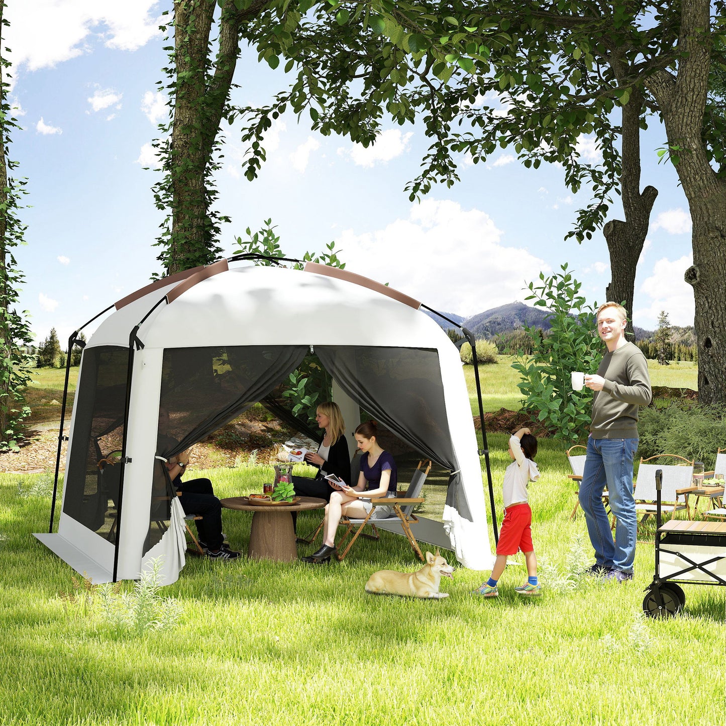10' x 10' Screen Tent, UV50+ Protection Outdoor Screen House with Carry Bag & Ground Stakes, Fits 6-8 People, White