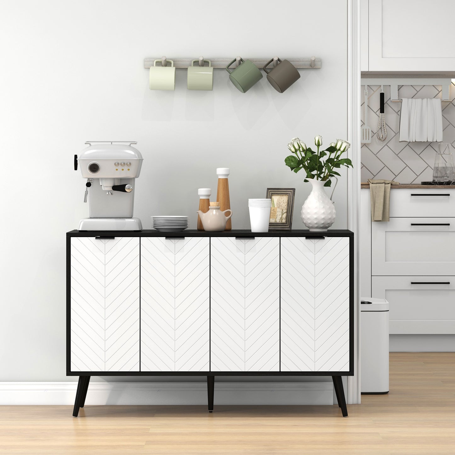 Modern Sideboard and Buffet, Dining Room Cabinet with Adjustable Shelves and 4 Doors, Black