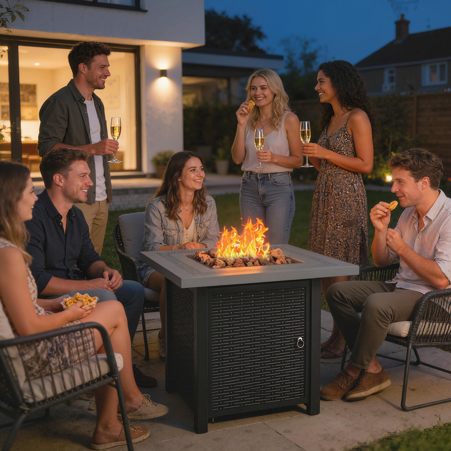 Propane Fire Pit Table, 28" 40000 BTU Outdoor Gas Fire Table with Lava Rocks and Lid, Black
