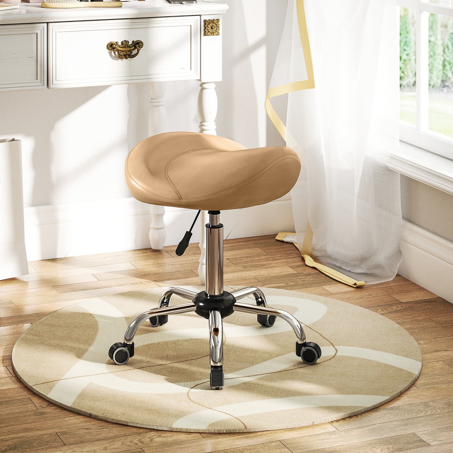 Saddle Stool, Height Adjustable Rolling Salon Chair with PU Leather for Massage, Spa, Clinic, Beauty and Tattoo, Brown