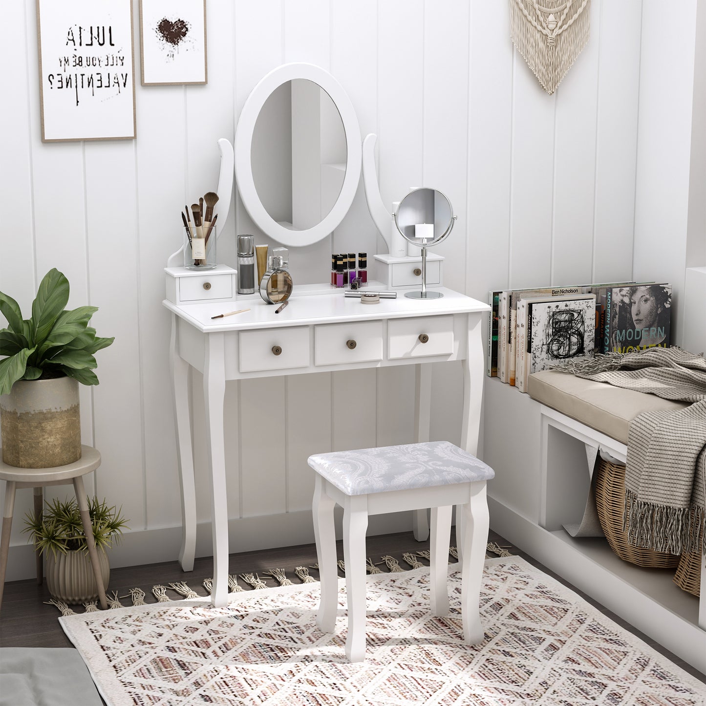 Wooden Vanity Table Set, Makeup Dressing Table with 360° Rotating, 5 Drawers and Padded Stool, White