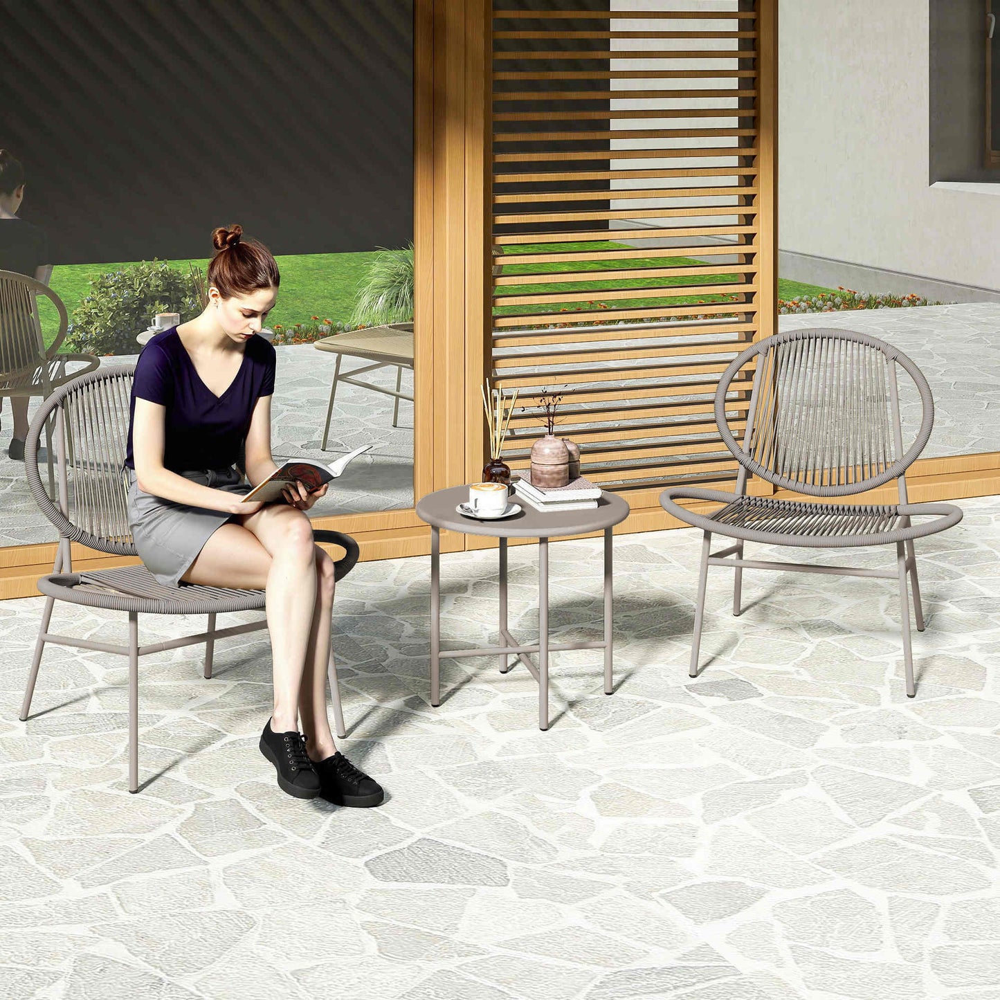 Rattan Bistro Set, 3 Pieces Wicker Patio Furniture Set, Acapulco Chairs and Steel Table for Porch, Balcony, Light Grey