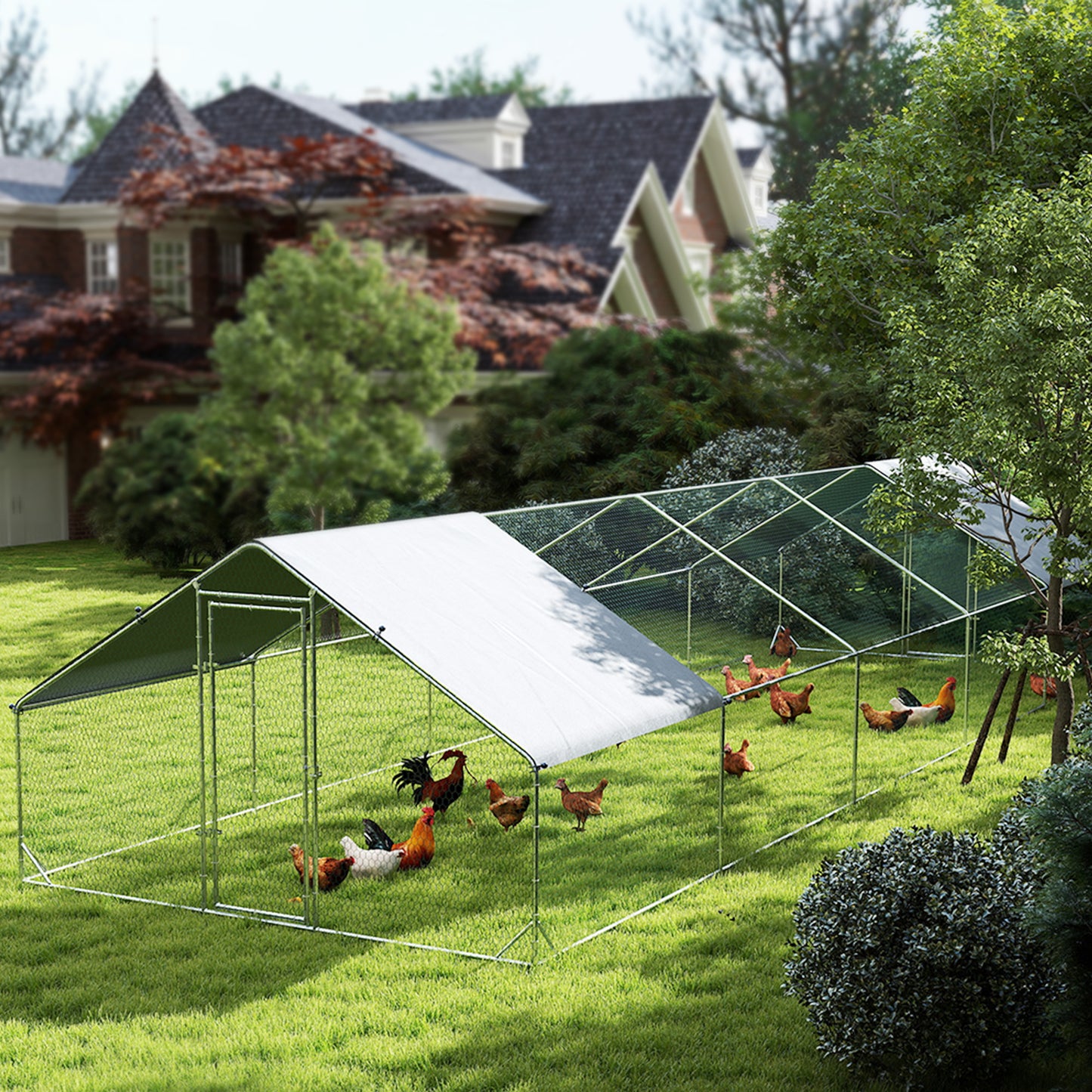 Metal Chicken Coop with Water- and UV-Protection Cover for Backyard Hen, Duck, Rabbit, 9.8' x 32.8' x 6.4'