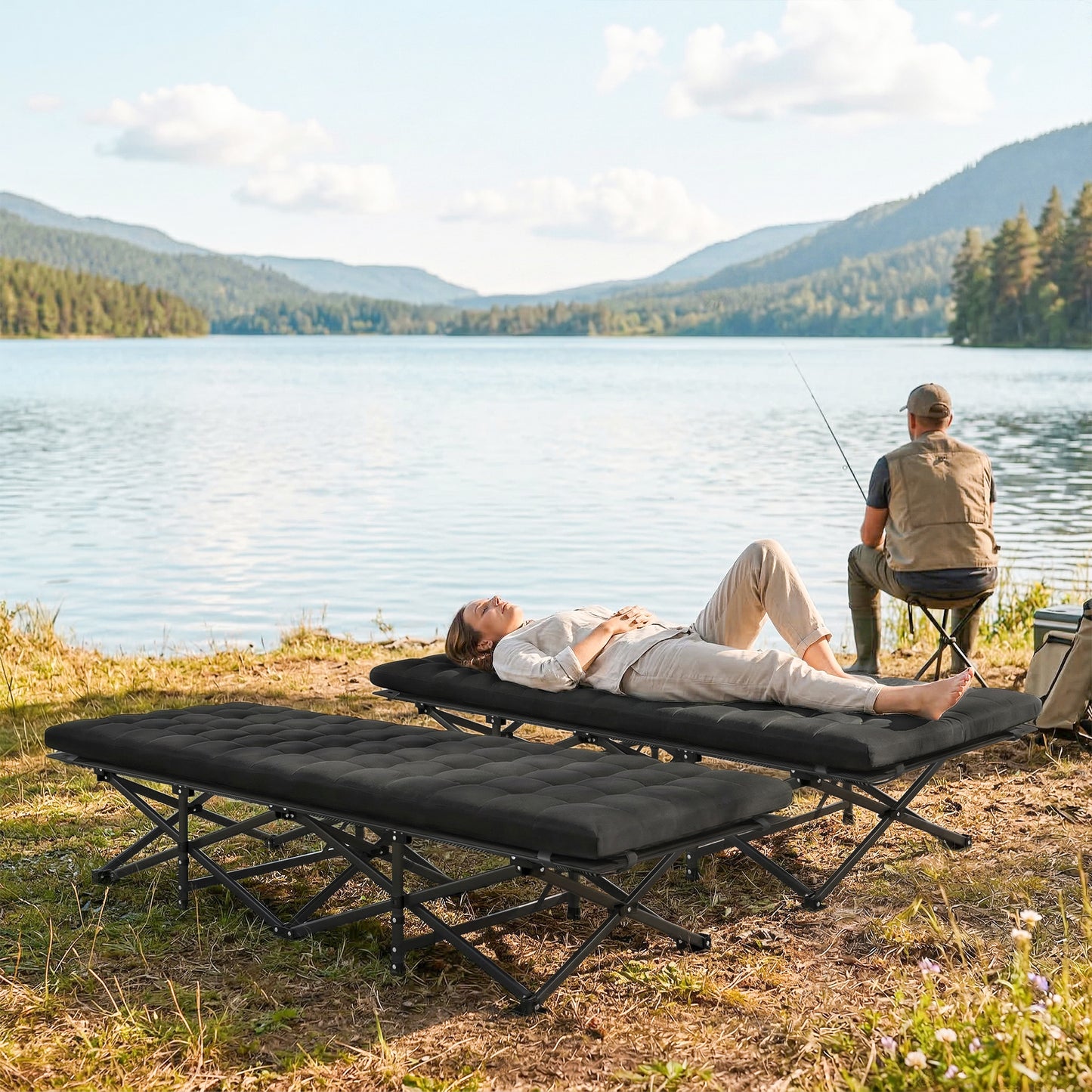 Set of 2 Camping Cot with Soft Pad, 32" Extra Wide Folding Cots with Non-Slip Feet and Carry Bag, Black