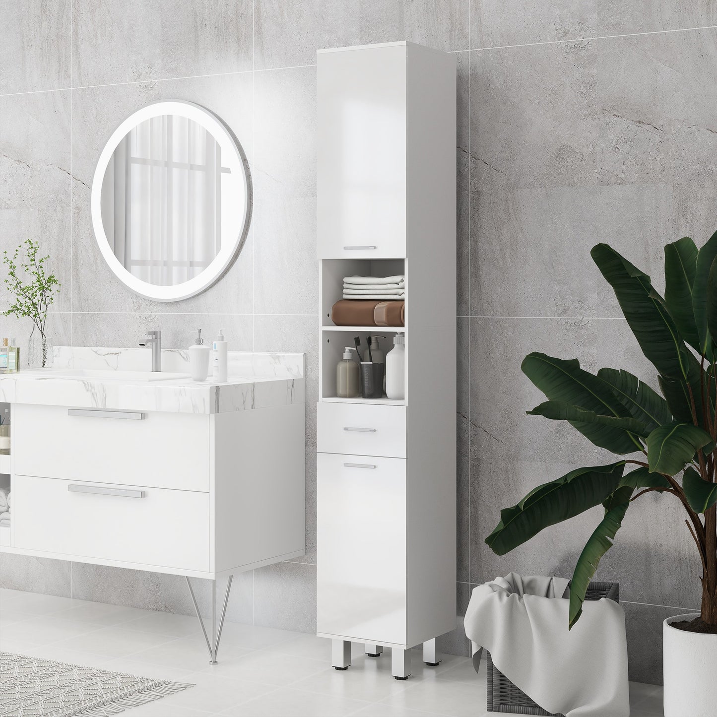 71" Tall Bathroom Storage Cabinet, Narrow Linen Tower with Drawer, Open Shelves, 2 Doors Cabinets and Adjustable Shelves, High Gloss White