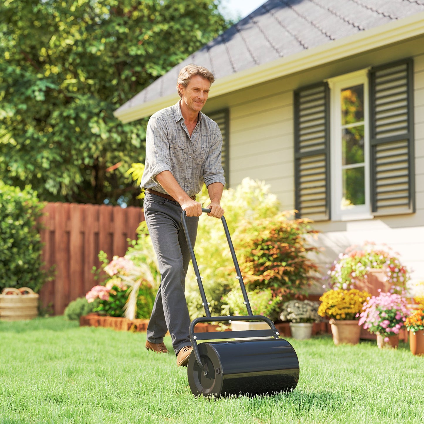 Heavy Duty Lawn Roller, 20" Push/Tow Behind Sod Roller, Grass Flattener Filled with 11gal Water/136lbs Sand, Black