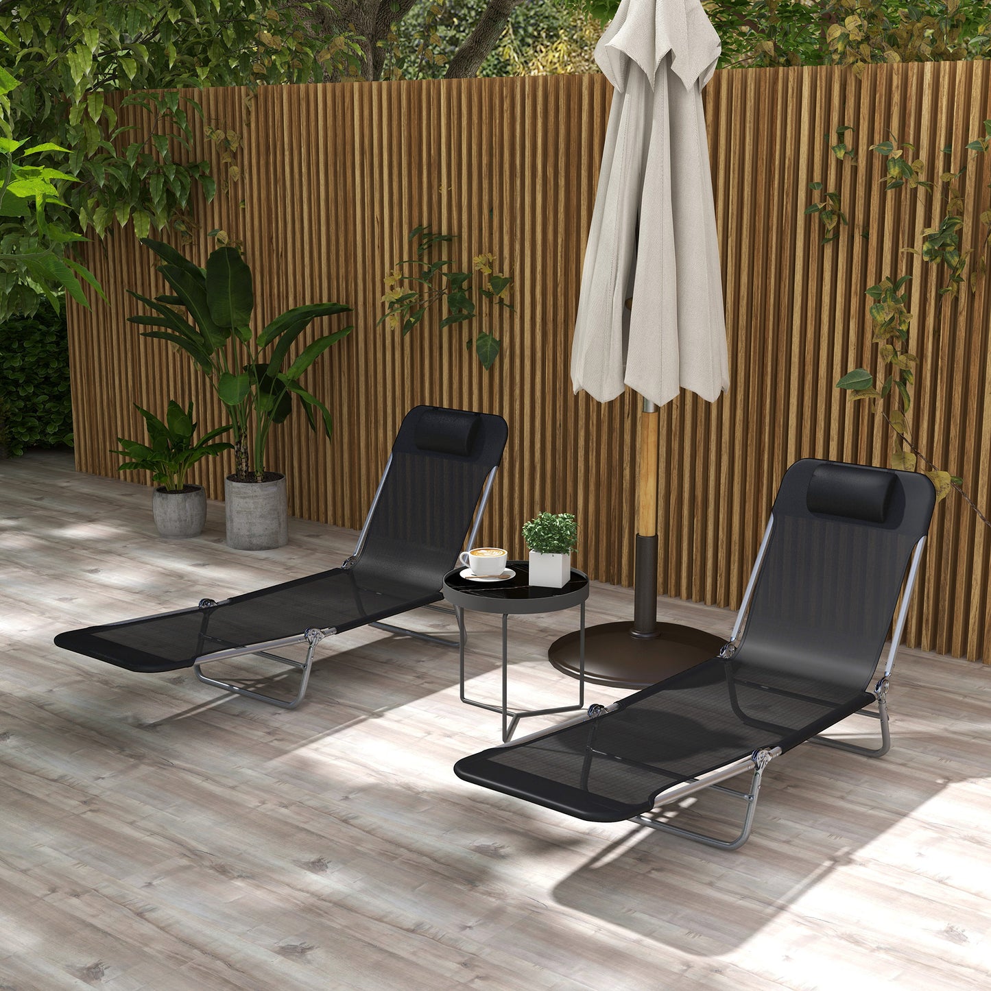 Folding Outdoor Lounge Chair Set of 2, Reclining Tanning Chair with 5-Position Adjustable Backrest, Black