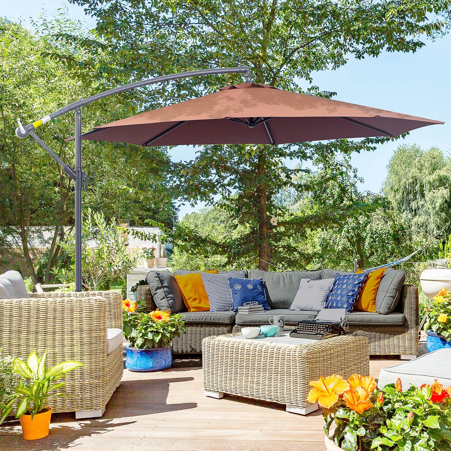 10' Deluxe Patio Umbrella, Outdoor Market Parasol, Banana Hanging Offset Sunshade with Crank, Cross Base, Coffee