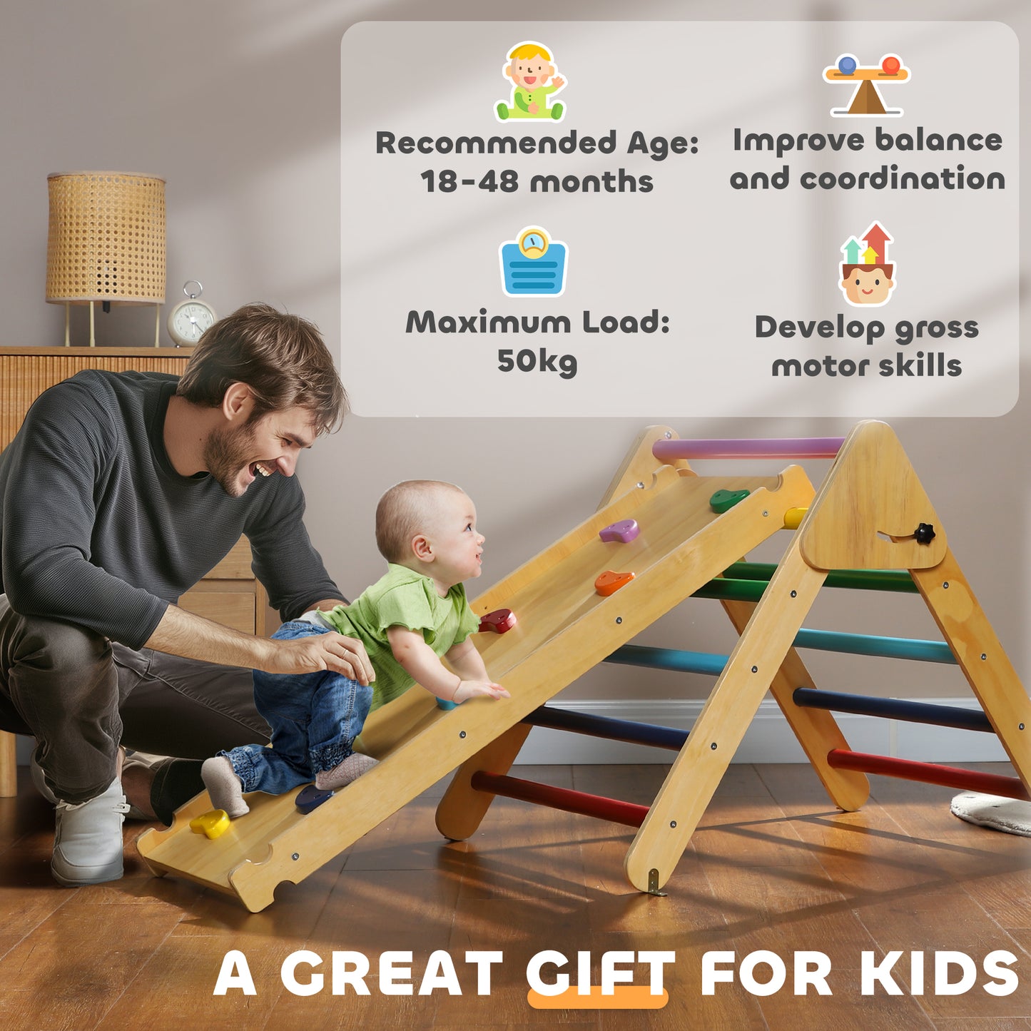 Qaba Pikler Triangle Set, 3 in 1 Climbing Toys with Ramp for Toddlers, Nature Wood