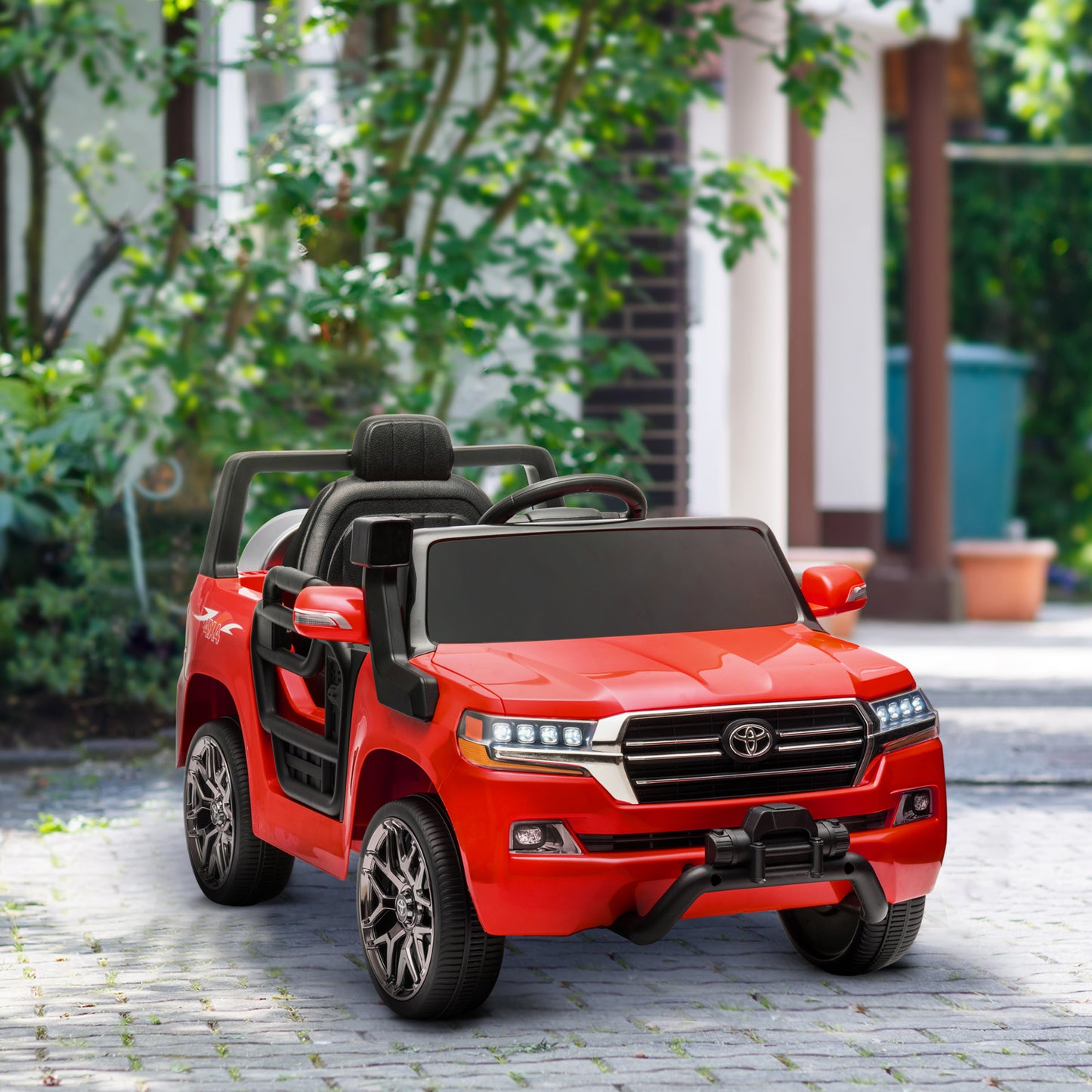 Qaba 12V Toyota LAND CRUISER Licensed Kids Car w/ Remote Control, Four Wheel Spring Suspension, Soft Start, LED Light, Red