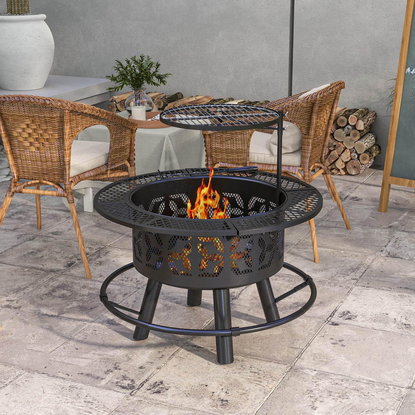 Wood Burning Fire Pit Charcoal BBQ Grill, Portable Firepit with Adjustable Grill Grate, Pan and Poker, 33", Black