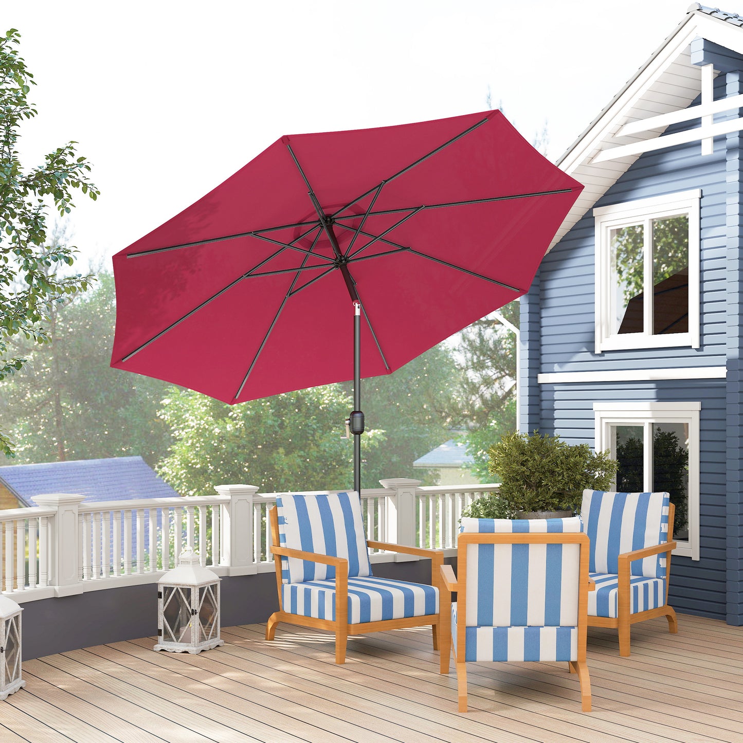 10' x 8' Round Market Umbrella, Patio Umbrella with Crank Handle and Tilt, Outdoor Parasol for Garden, Wine Red