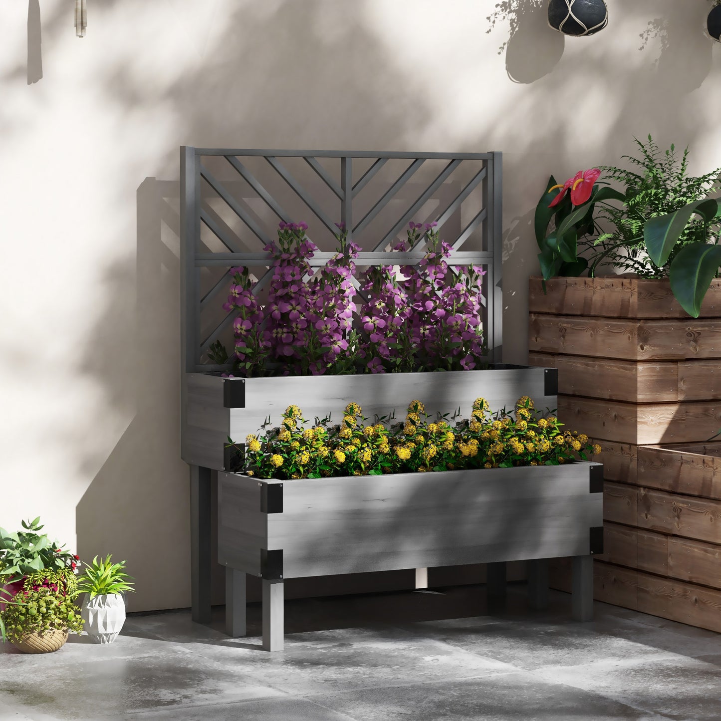 Raised Garden Bed with Trellis, 2 Tier Wooden Elevated Planter Box for Vegetables, Flowers, Herbs, Grey