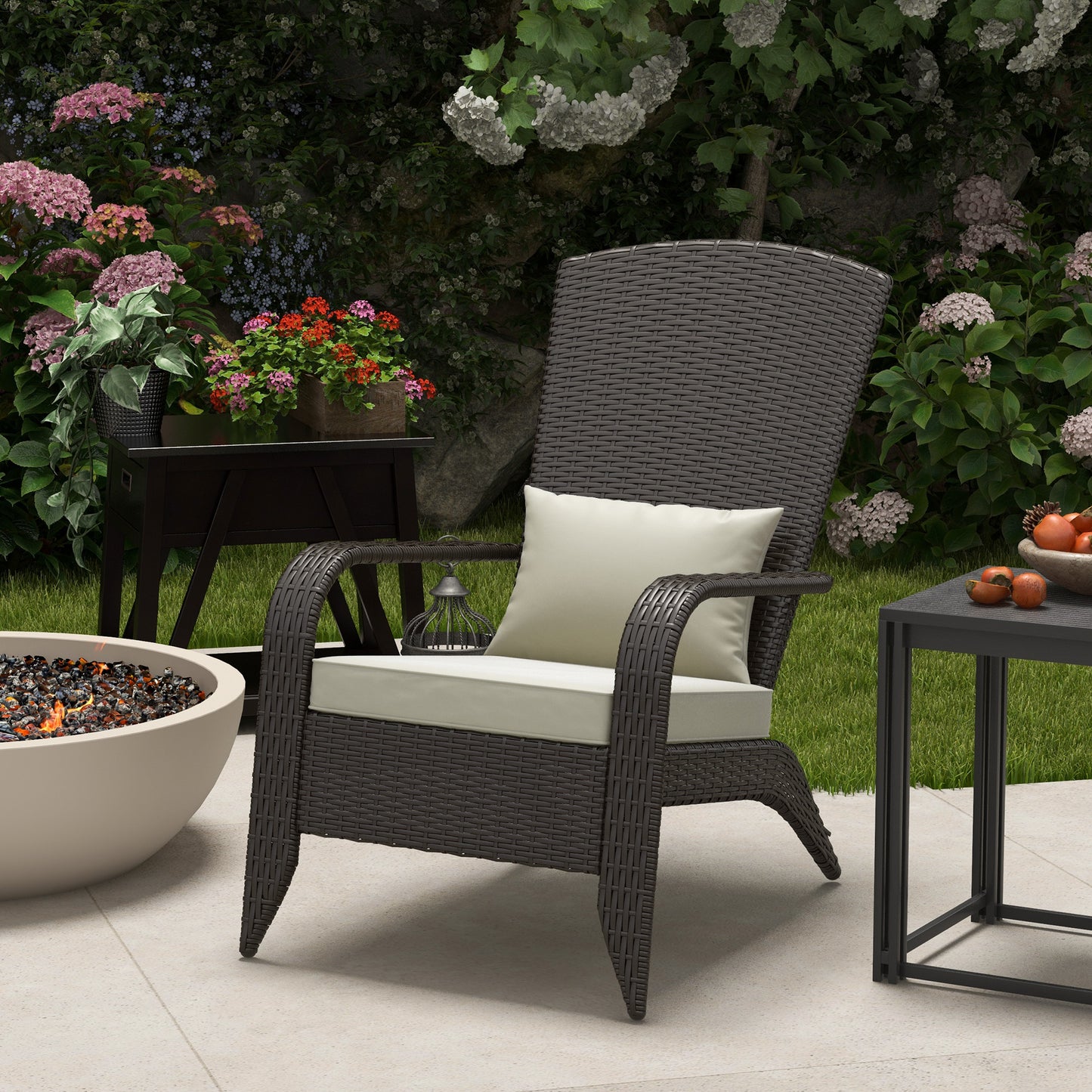 Patio Wicker Adirondack Chair, Outdoor Rattan Muskoka Chair with Cushions for Patio, Garden, Backyard Khaki