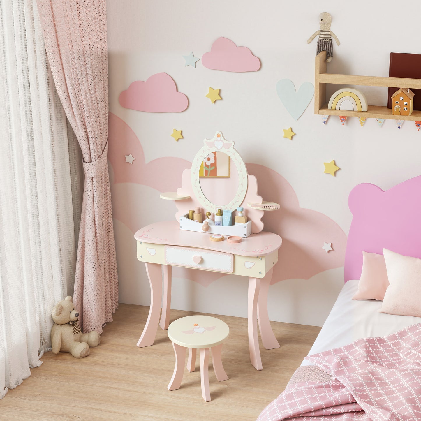 Qaba Kids Vanity Set, Girls Dressing Table with Mirror and Stool, 7 Accessories, Drawers, Desktop Storage, Pink